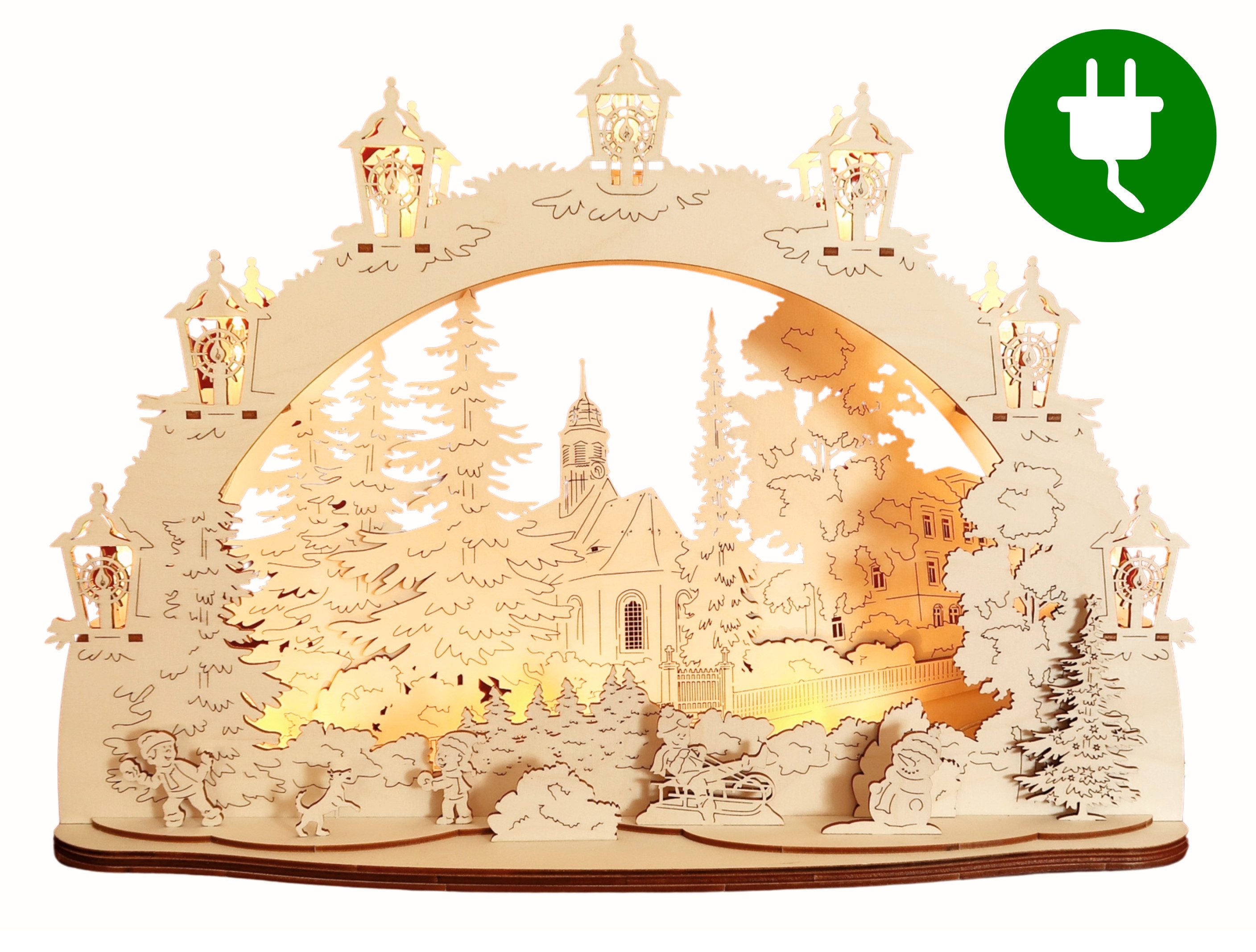 DeColibri LED Schwibbogen 3D LED Schwibbogen Winterdorf Kirche - Netzkabel, Holzkunst aus Sachsen