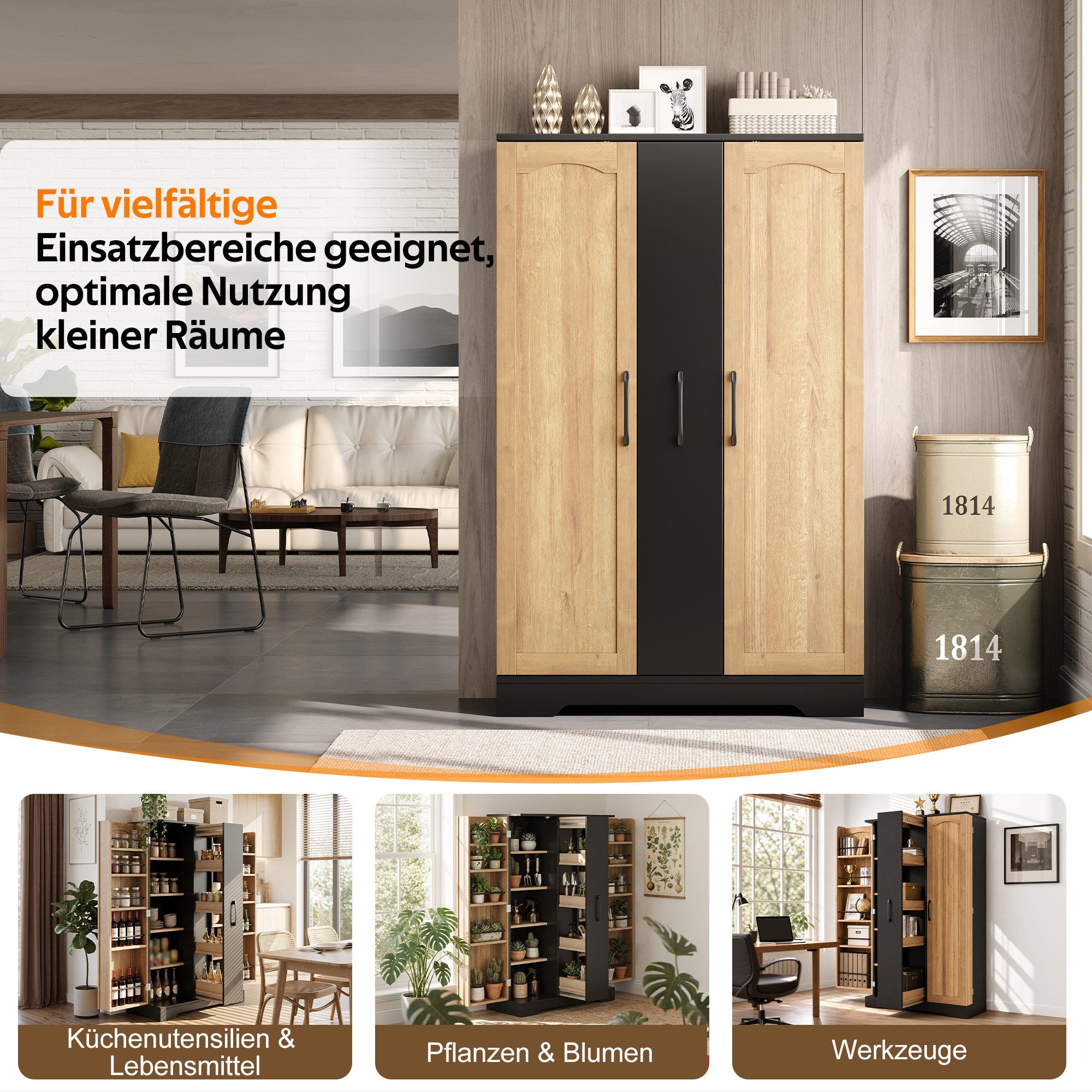 Celya Küchenbuffet Küchenschrank Doppeltürschrank mit 4-stufigem Vertikalauszug (mit Gewürzregal, verstellbaren Regalböden und modernem Design)