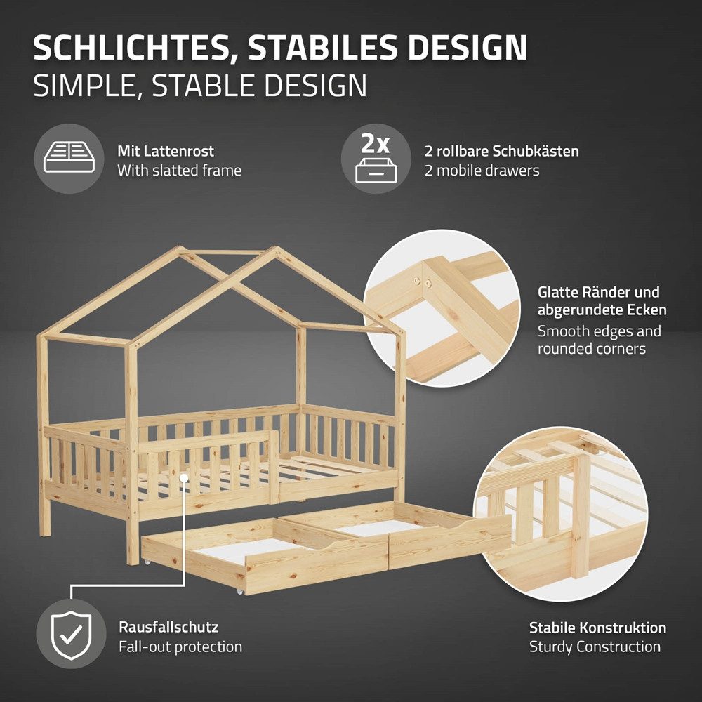 ML-DESIGN Spielbett Hausbett Kinderbett inkl. 2 Schubladen, Lattenrost und Rausfallschutz, Abenteuerbett 80x160cm mit Matratze Himmelbett Kiefer Jugendbett Natu – Bild 4 von 5