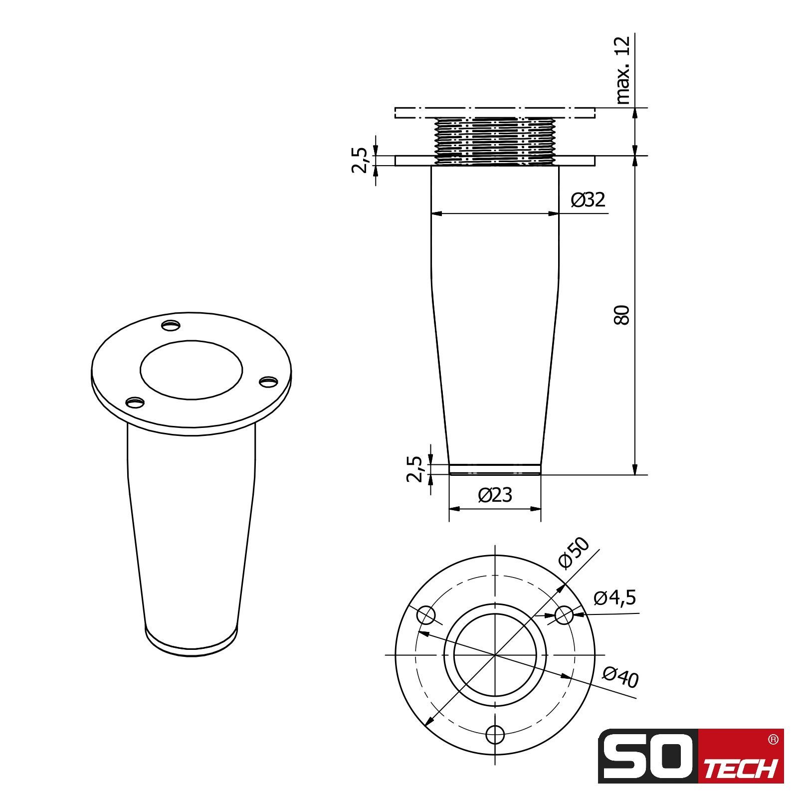 SO-TECH® Möbelfuß FOX-TROT höhenverstellbar um max. 12 mm, (Spar-Set, 4-St), Höhe 80 mm Edelstahloptik – Bild 5 von 5
