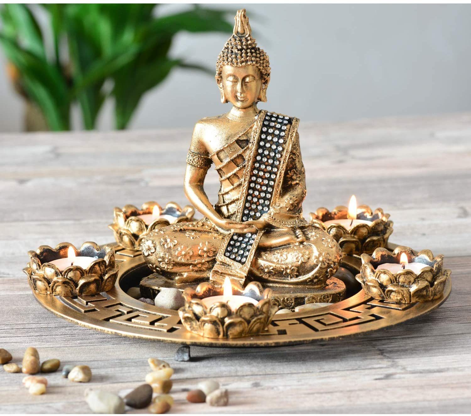 INtrenDU Buddhafigur Buddha Figur mit Teelichthaltern Dekoteller und Dekosteinen