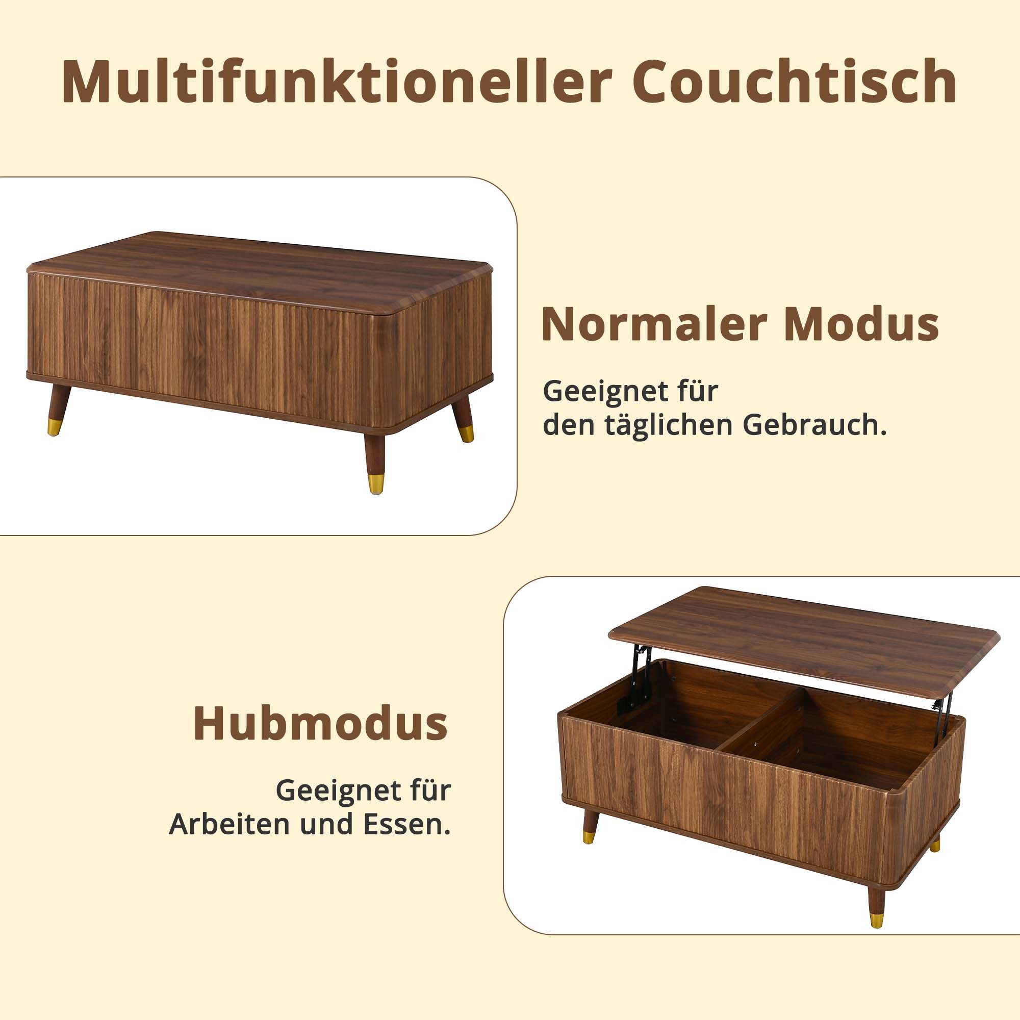 Merax Couchtisch höhenverstellbar Sofatisch Retro Beistelltisch (1-St), Wohnzimmertisch mit Stauraum und Holzbeinen, 97x52x56,5 cm – Bild 4 von 5