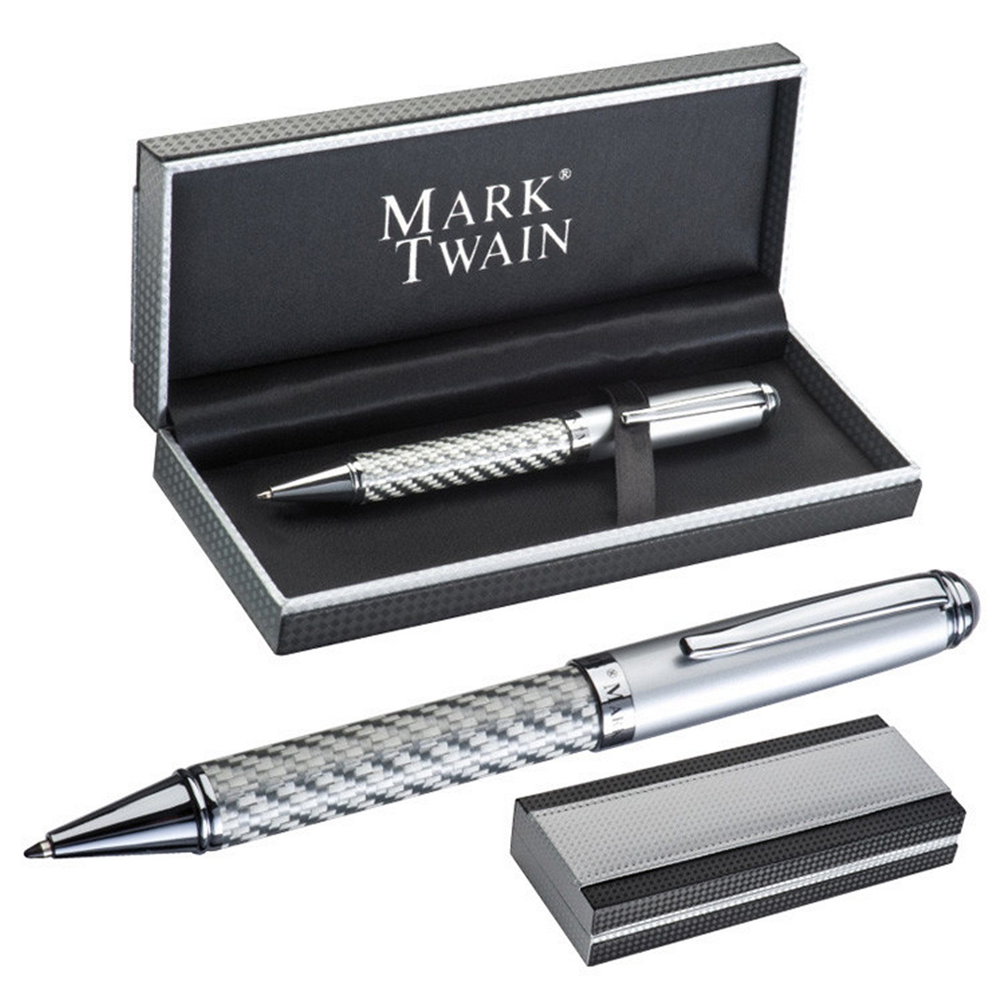 Livepac Office Kugelschreiber hochwertiger Kugelschreiber "Mark Twain" / in silbernem Karbondesign