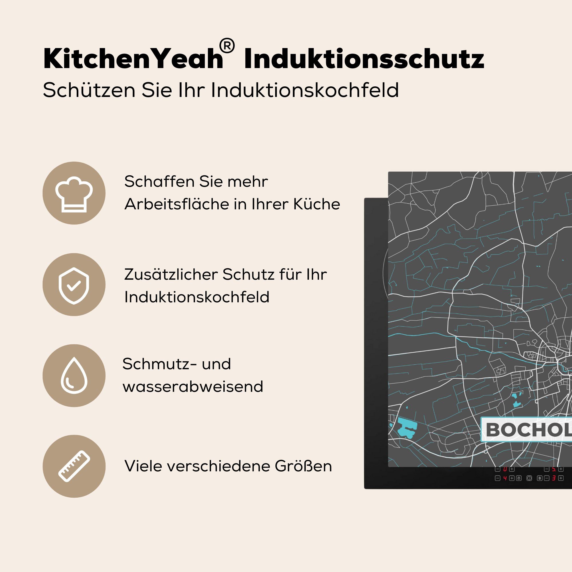 Vinyl, cm, Herdblende-/Abdeckplatte küche - Karte, - Ceranfeldabdeckung, - Blau Deutschland Arbeitsplatte für (1 tlg), MuchoWow Stadtplan Bocholt 78x78 -