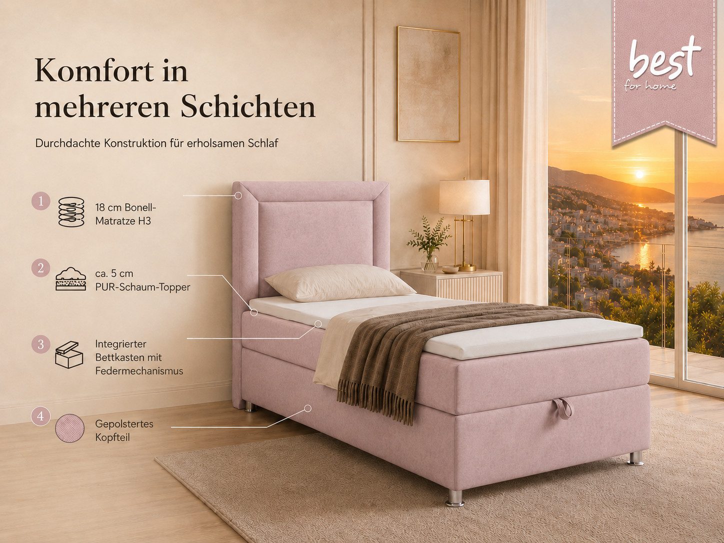 Best for Home Boxspringbett Trinity K-3 SINGLE mit Bettkasten & ca. 5 cm Topper (Einzelbett, Polsterbett mit gepolstertes Kopfteil, Jugendbett, Kinderbett versch. Größen, 3-St., 70x200 80x200 90x200 100x200 cm), Einzel-Boxspringbett mit integriertem Bettkasten