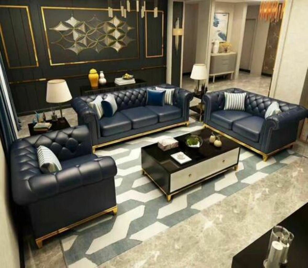 JVmoebel Wohnzimmer-Set, Chesterfield Metall Couch Polster Sitz Garnitur Sofa Leder Design 3+1 Blau