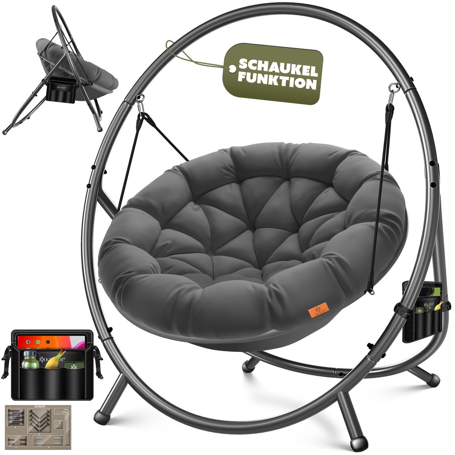 KESSER Hängesessel Bali Hängesessel mit Gestell Hängeschaukel Hängestuhl bis 150kg (mit Wipp Funktion, Kissen & Seitentasche), Hängekorb Stahlgestell Schaumstoff Sitzpolster für Wohnzimmer & Garten