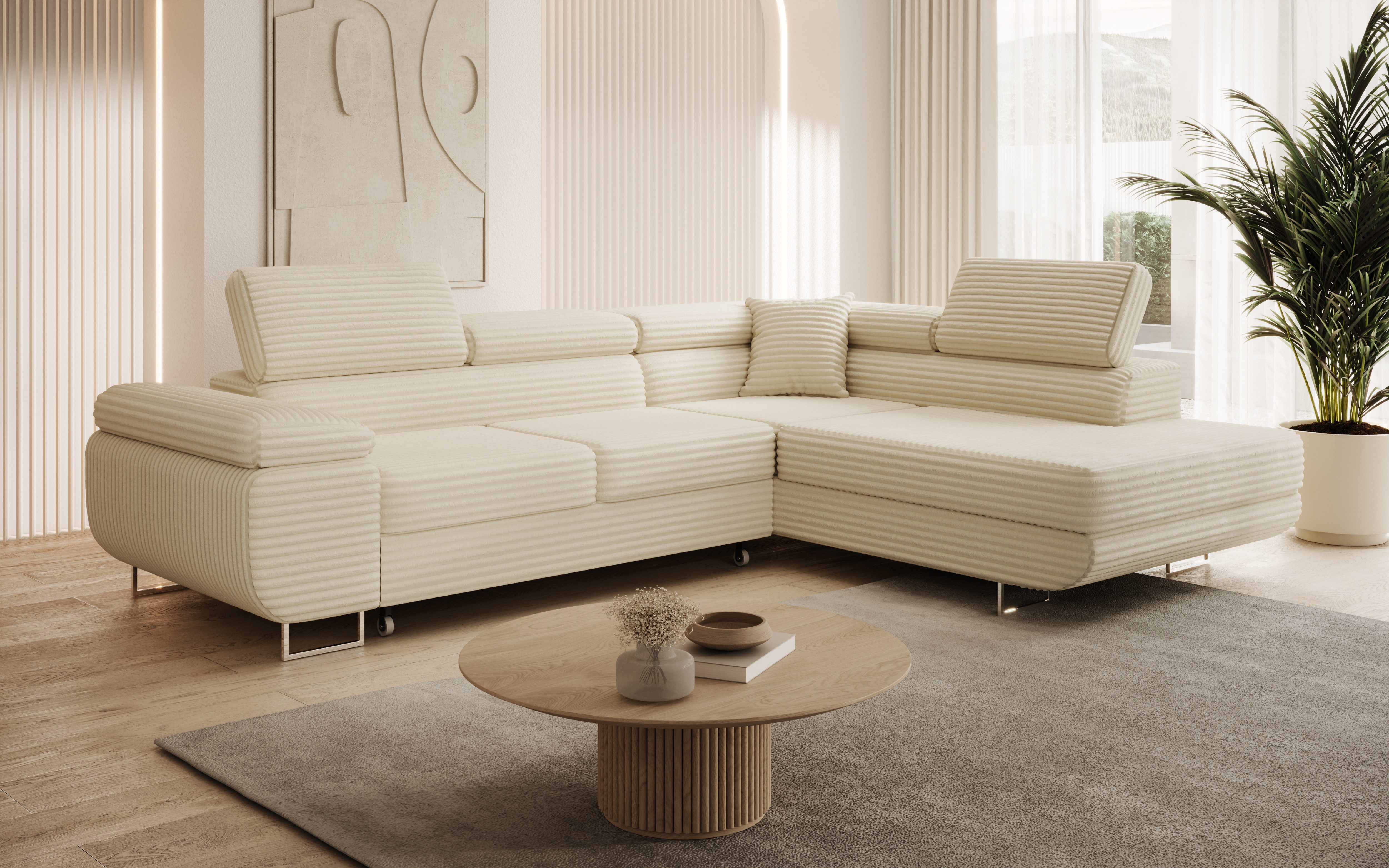 thematys Ecksofa ASTON mit Schlaffunktion & Bettkasten – Cordstoff TILIA, - mit 3 verstellbaren Kopfstützen, – L-Form 273×203 cm – Schlafsofa mit Auszug