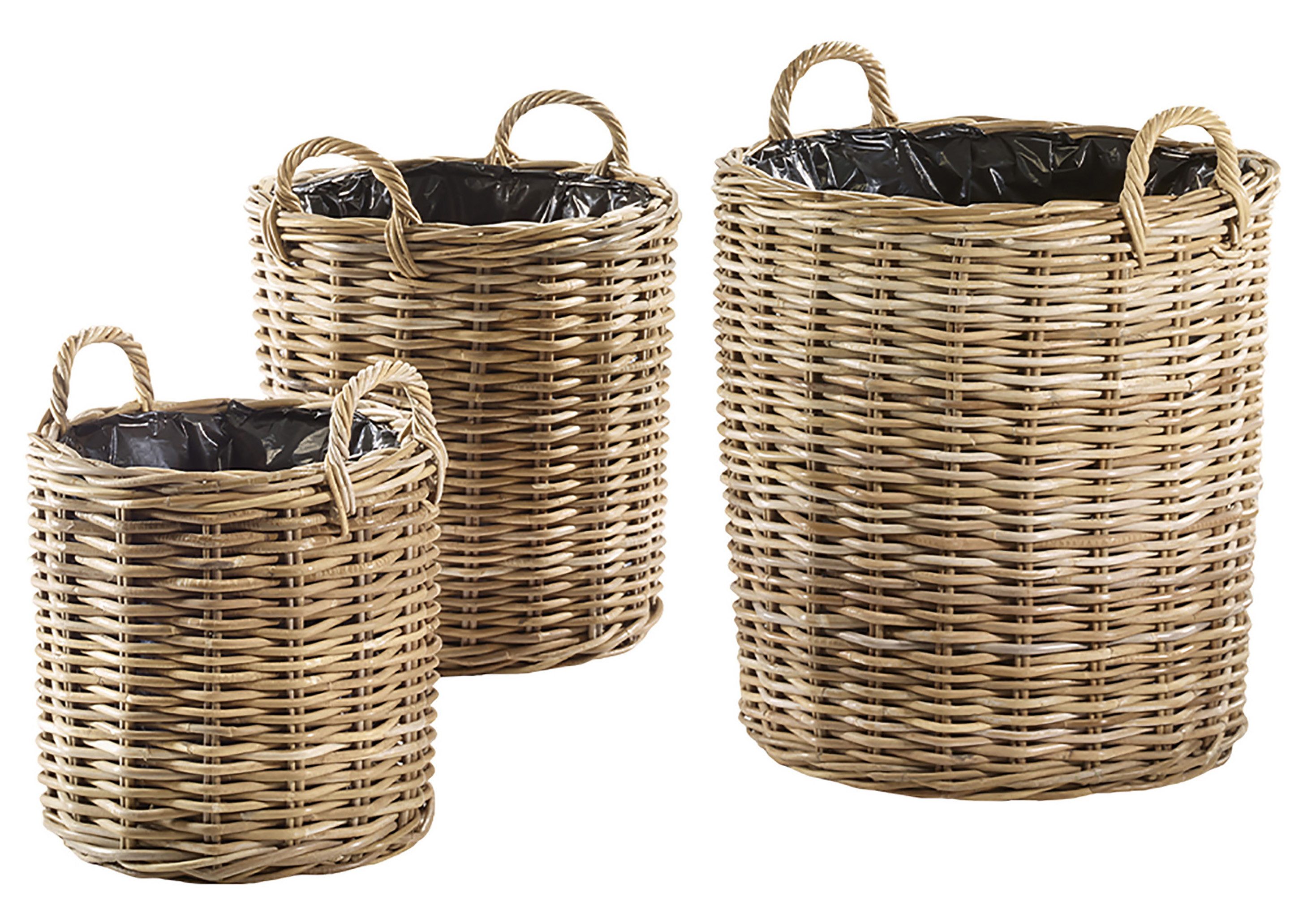 Kobolo Pflanzkübel Übertopf Rattan rund mit Folie ausgeschlagen S/3