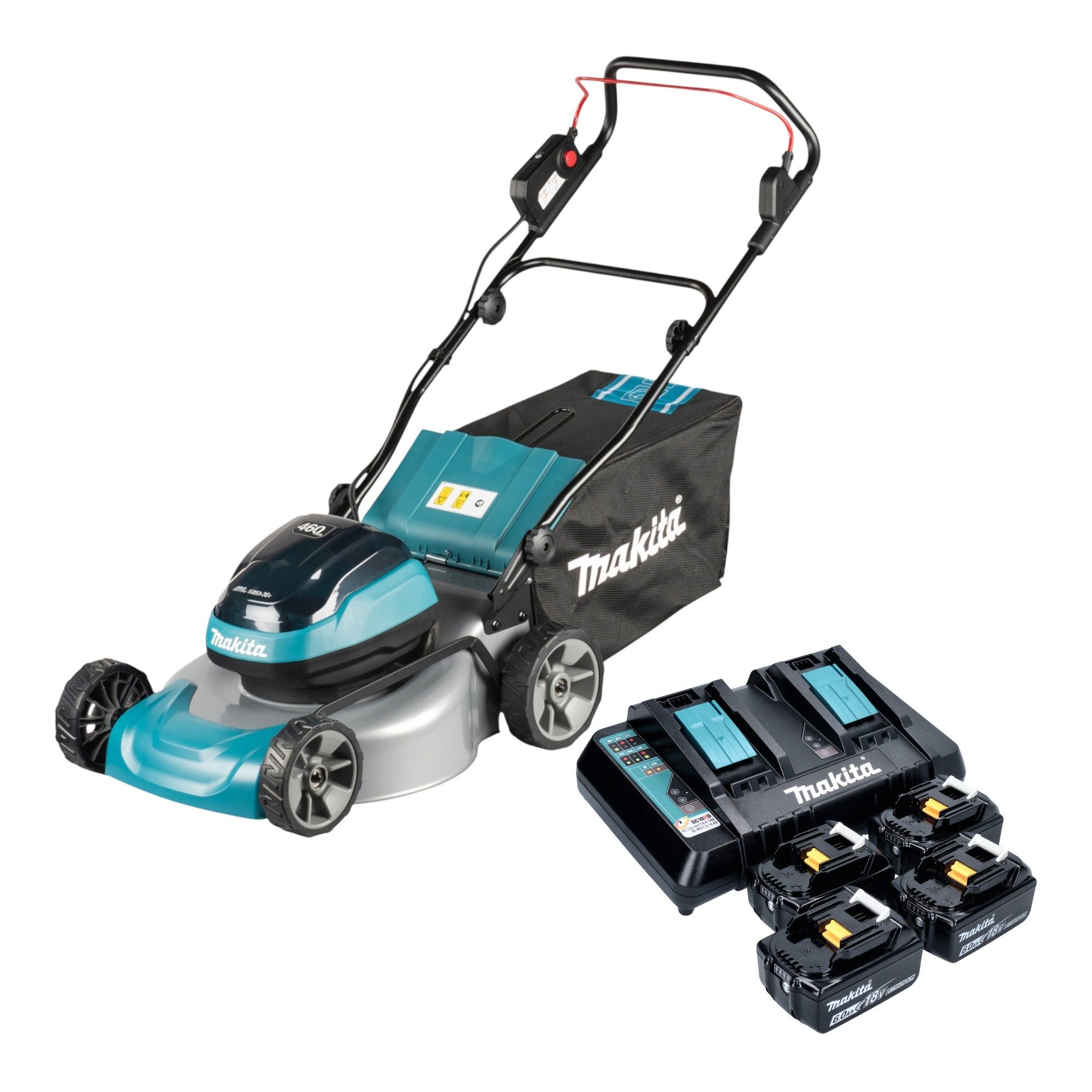 Makita Akkurasenmäher DLM 466 PG4 Akku Rasenmäher 36 V (2x 18 V) 46 cm Brushless + 4x