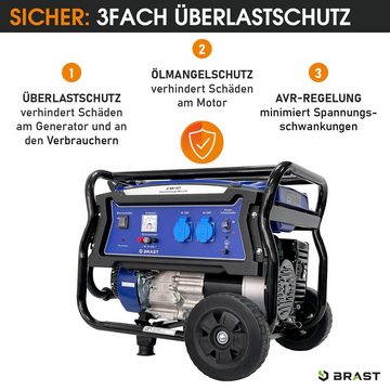 BRAST Stromerzeuger Benzin 4,8kW (6,5PS) mit 212cm³ 3000 Watt 4-Takt-Motor, (Zahlreiche Anschlüsse für flexiblen Einsatz), lange Laufzeiten bis zu 23 Stunden Generator Stromgenerator