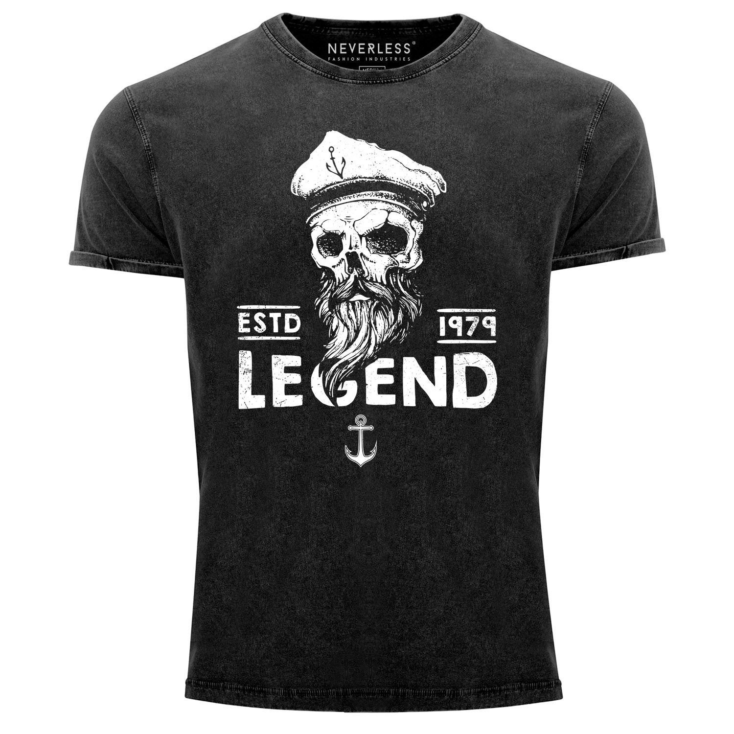 Neverless Print-Shirt Cooles Angesagtes Herren T-Shirt Vintage Shirt Totenkopf Legend Captain Aufdruck Used Look Slim Fit Neverless® mit Print schwarz