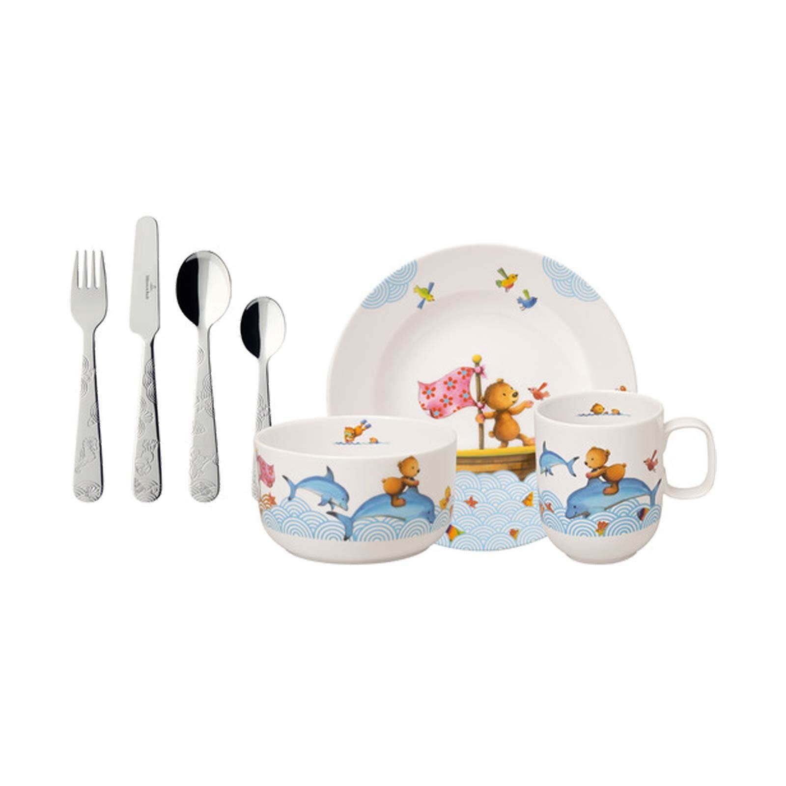 Villeroy & Boch Kindergeschirr-Set Happy as a Bear Kindergeschirr 7er Set (7-tlg), Besteck aus Edelstahl, Porzellan