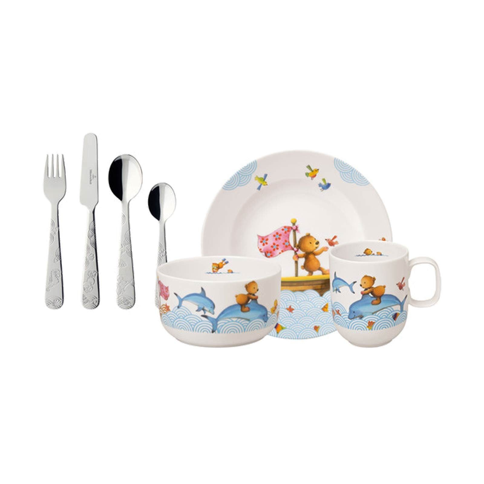 Villeroy & Boch Kindergeschirr-Set Happy as a Bear Kindergeschirr 7er Set  (7-tlg), Porzellan, Besteck aus Edelstahl