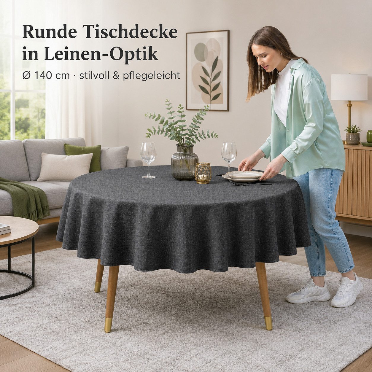 Simurq Tischdecke Rund 140 Leinenoptik Lotuseffekt Tischwäsche Wasserabweisend (Tischwäsche Wasserabweisend, Tischdecke Rund φ140cm), Tischdecke Abwaschbar Outd – Bild 3 von 5