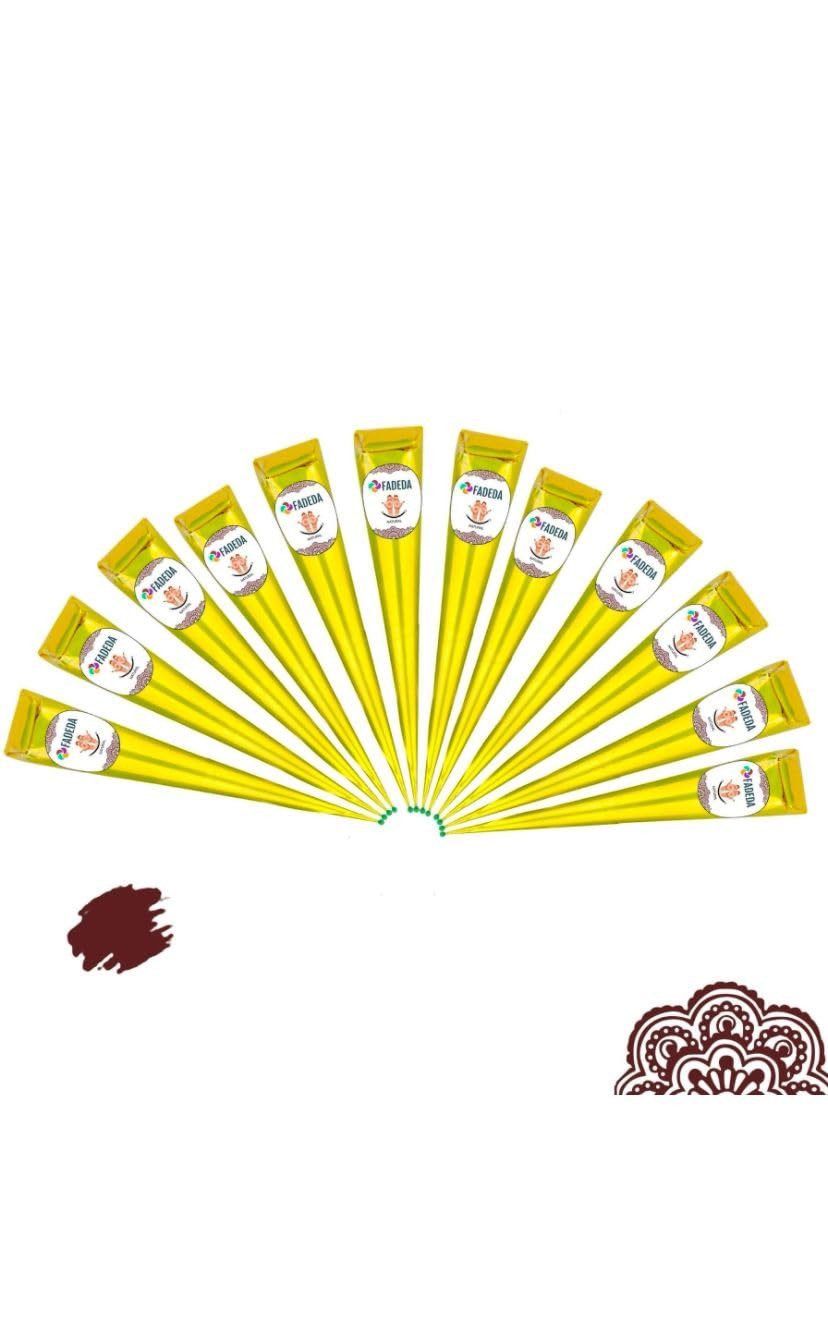 FADEDA Schmuck-Tattoo 12x Henna Kegel je 25g natürliche Paste, 100 % pflanzlich, ohne PPD, 12 Henna Kegel je 25 Gramm, 100 % NATÜRLICHE HENNA-PASTE – Rein pflanzlich, 100% Bio - VEGAN