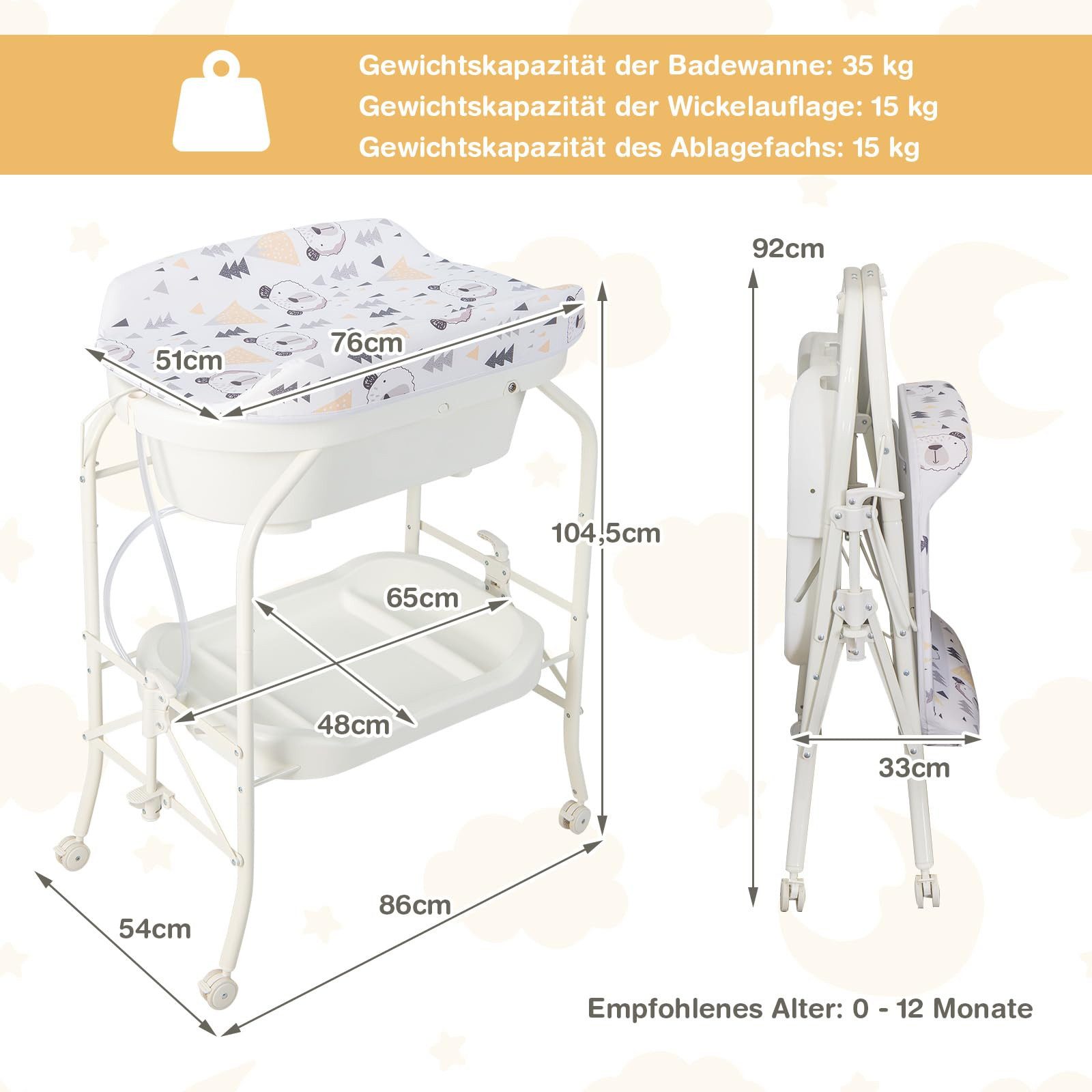 COSTWAY Babywanne Wickeltisch, mobile Wickelstation, Wickelkommode, klappbar, mit 4 Universalrädern
