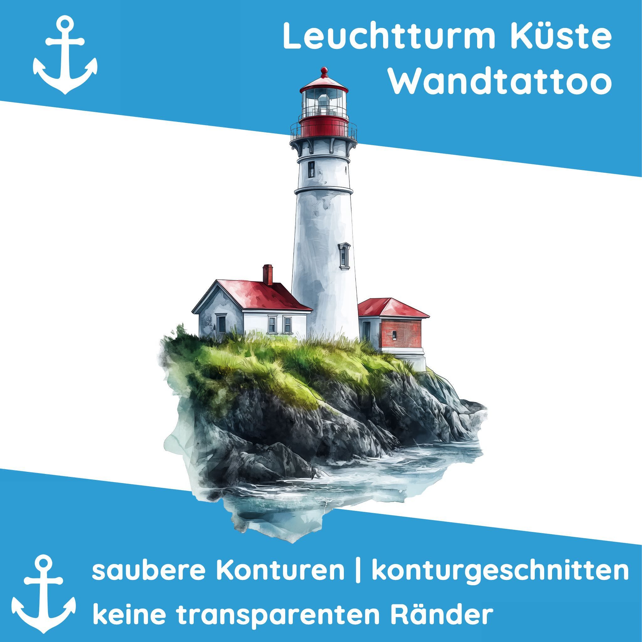 Sunnywall Wandtattoo Aufkleber Maritim Leuchtturm auf Klippe – Aquarellstil, selbstklebend, konturgeschnitten, rückstandslos entfernbar
