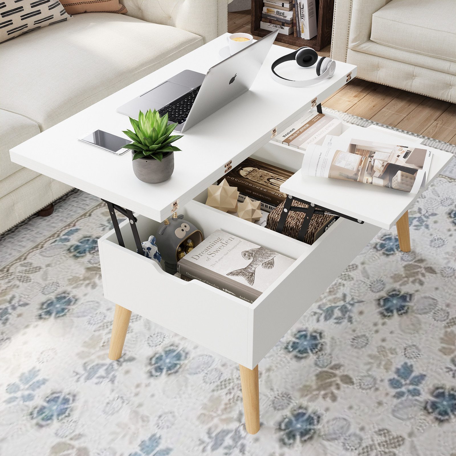 VOWNER Couchtisch mit klappbarer Arbeitsplatte, umwandelbar zum Esstisch, m günstig online kaufen