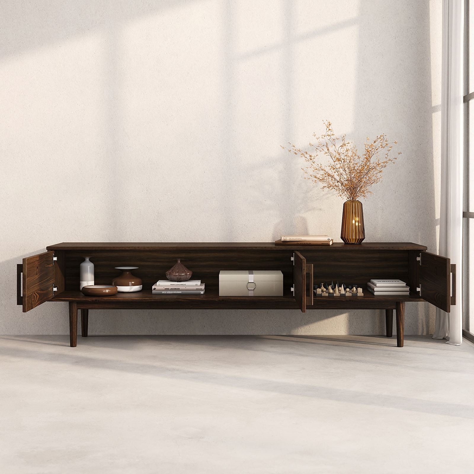 IDIMEX Lowboard TECCA, Niedriges Sideboard aus Massivholz 3 Türen Wohnzimmer Nussbaum Finish