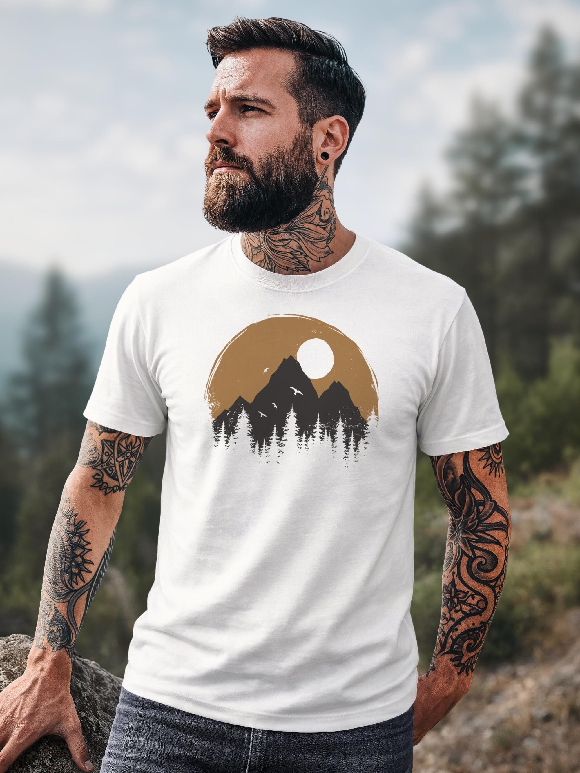 Neverless Print-Shirt Herren T-Shirt Outdoor Print Natural Badge Logo Wandern Fashion mit Print