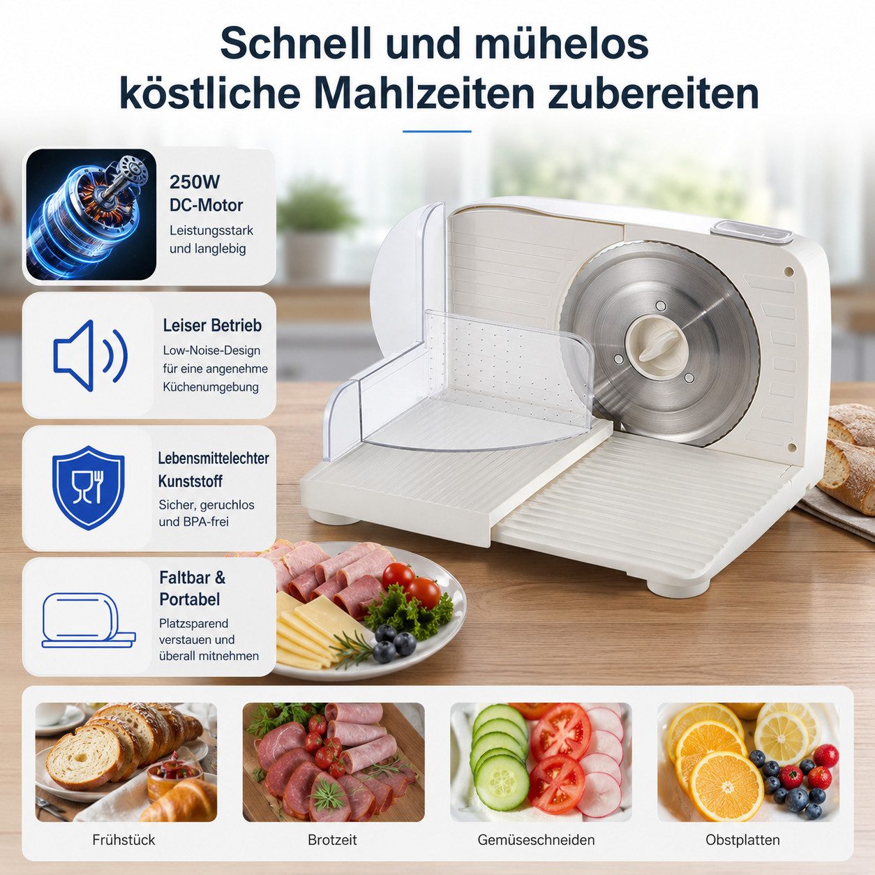 ibettertec Allesschneider Elektrischer Allesschneider, 250 W, Verstellbare Küchenmaschine 0 bis 15mm, 2 Klingen, Geeignet für Küche