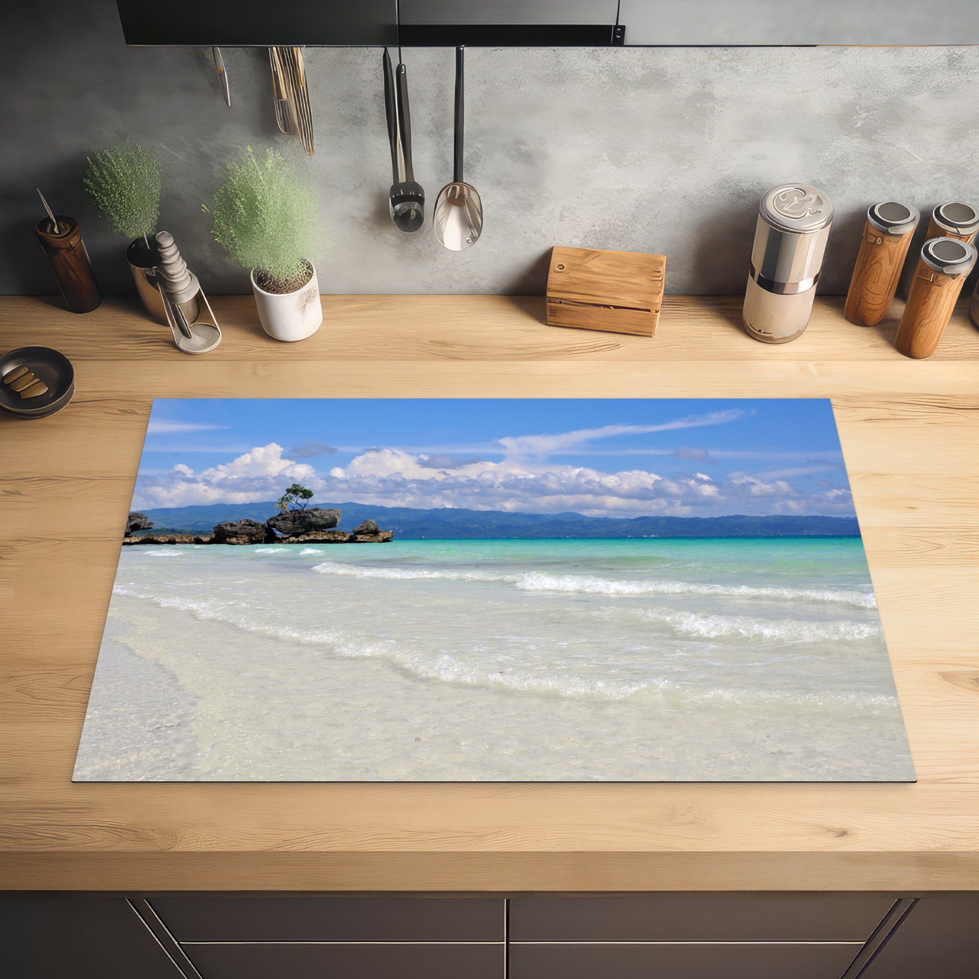 die Schutz Insel der Boracay, auf Ceranfeldabdeckung küche, für Herdblende-/Abdeckplatte Tropischer Induktionskochfeld Vinyl, philippinischen MuchoWow (1 81x52 tlg), cm, Strand