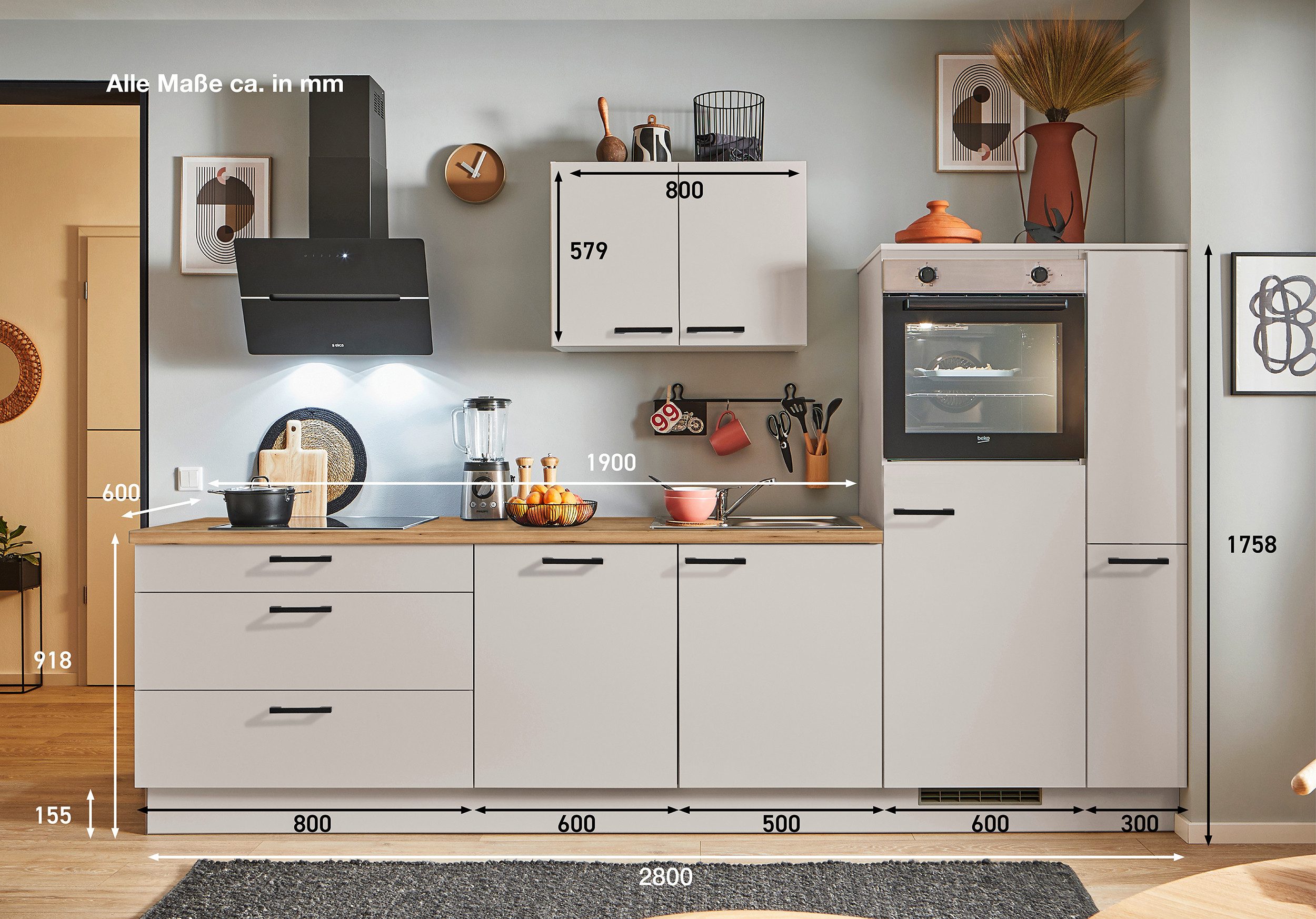 pino Küchenzeile Lund, individuell anpassbar, gratis Küchenplanung mit Profis, (Breite 280cm), vormontiert, wahlw. mit E-Geräten, Preis inkl. Lieferung