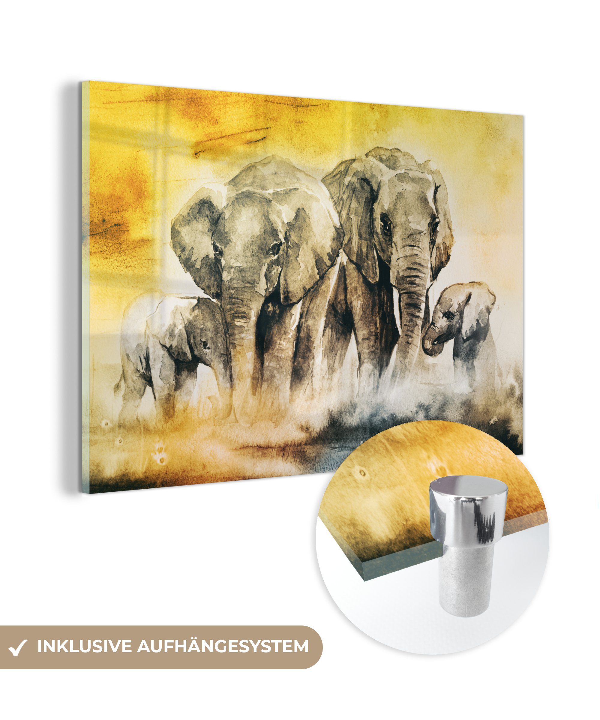 MuchoWow Acrylglasbild Elefant - Aquarellfarbe - Familie, (1 St), Glasbilder - Bilder auf Glas Wandbild - Foto auf Glas - Wanddekoration
