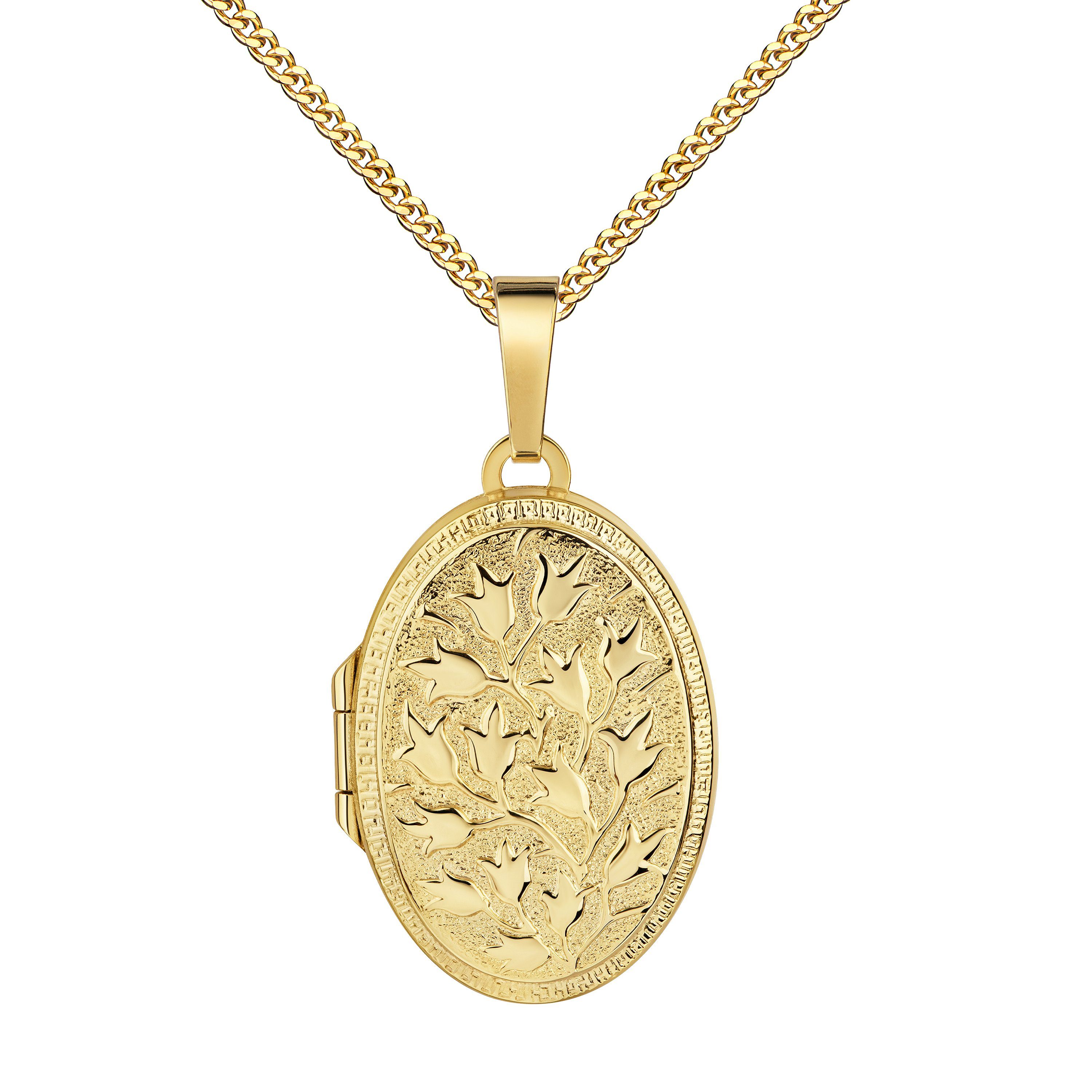 JEVELION Kette mit Anhänger Gold 333 Medaillon Anhänger für Bilder und Fotos mit Blumen-Ornament (Goldamulett, für Damen und Mädchen), Mit Halskette vergoldet - Länge wählbar 36 - 70 cm oder ohne Kette.