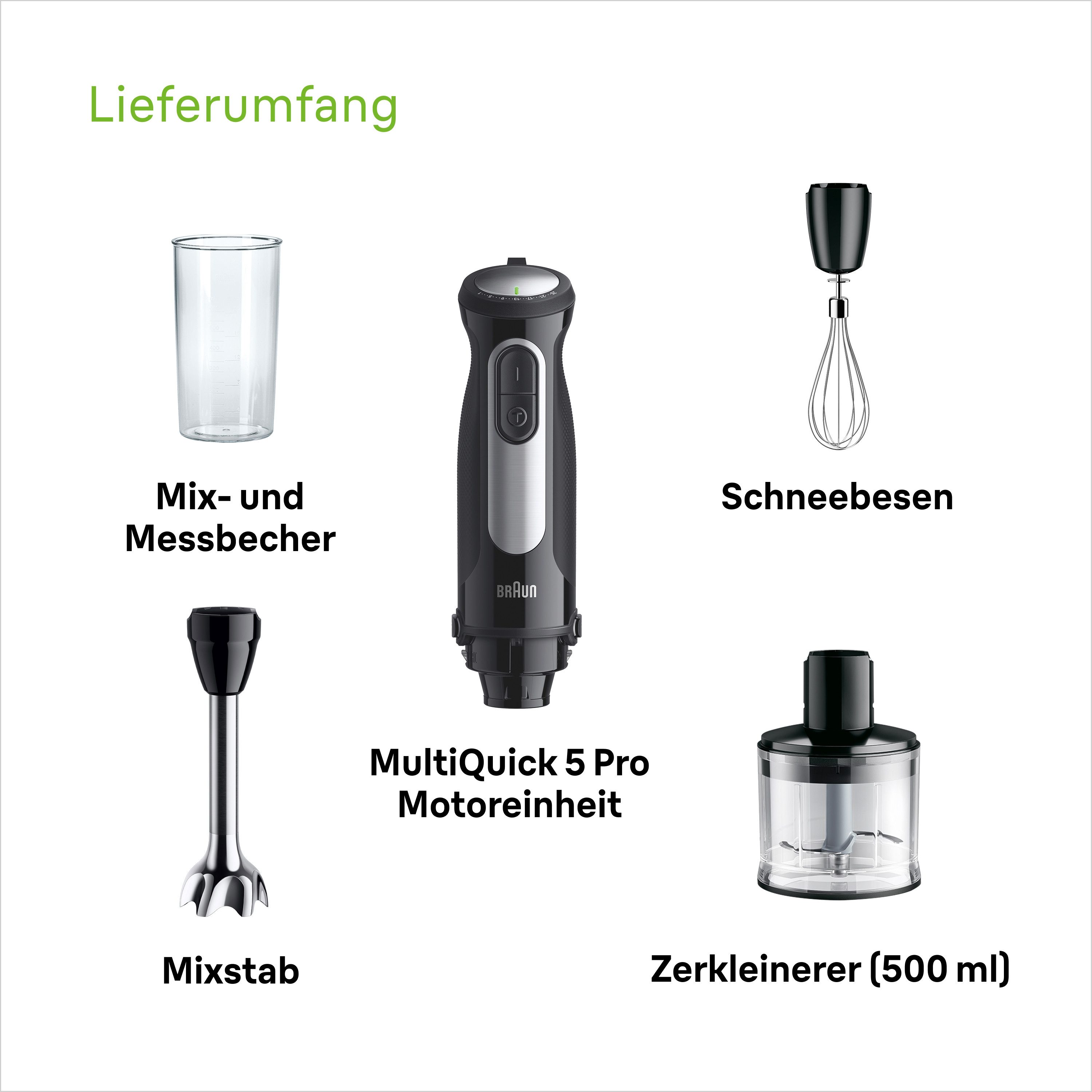 Braun Stabmixer MultiQuick 5 Pro MQ 55236 M - 1000W, 25 Geschwindigkeiten, Schneebesen, 1000 W, Spritzschutz, 500ml Zerkleinerer, Extra Mahlklinge, spülmaschinenfest