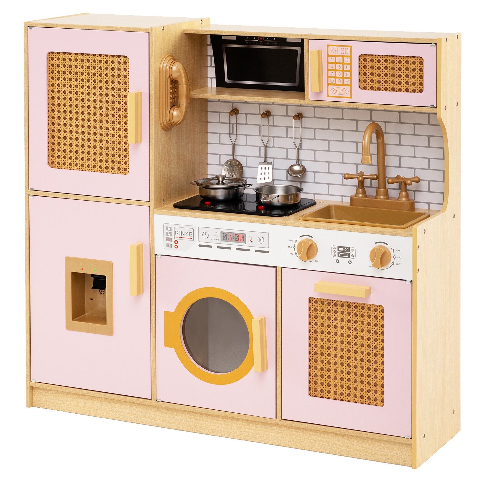 COSTWAY Spielküche Holz, kinder holz, Kinderküchen-Spielset mit Sound und Licht