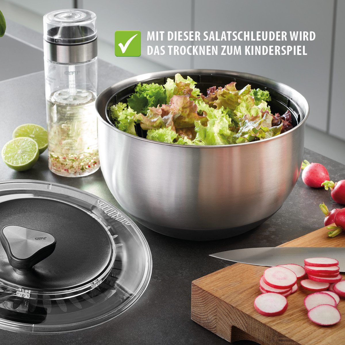 GEFU Salatschleuder Edelstahl inkl. Frischhaltedeckel, 4,5 L