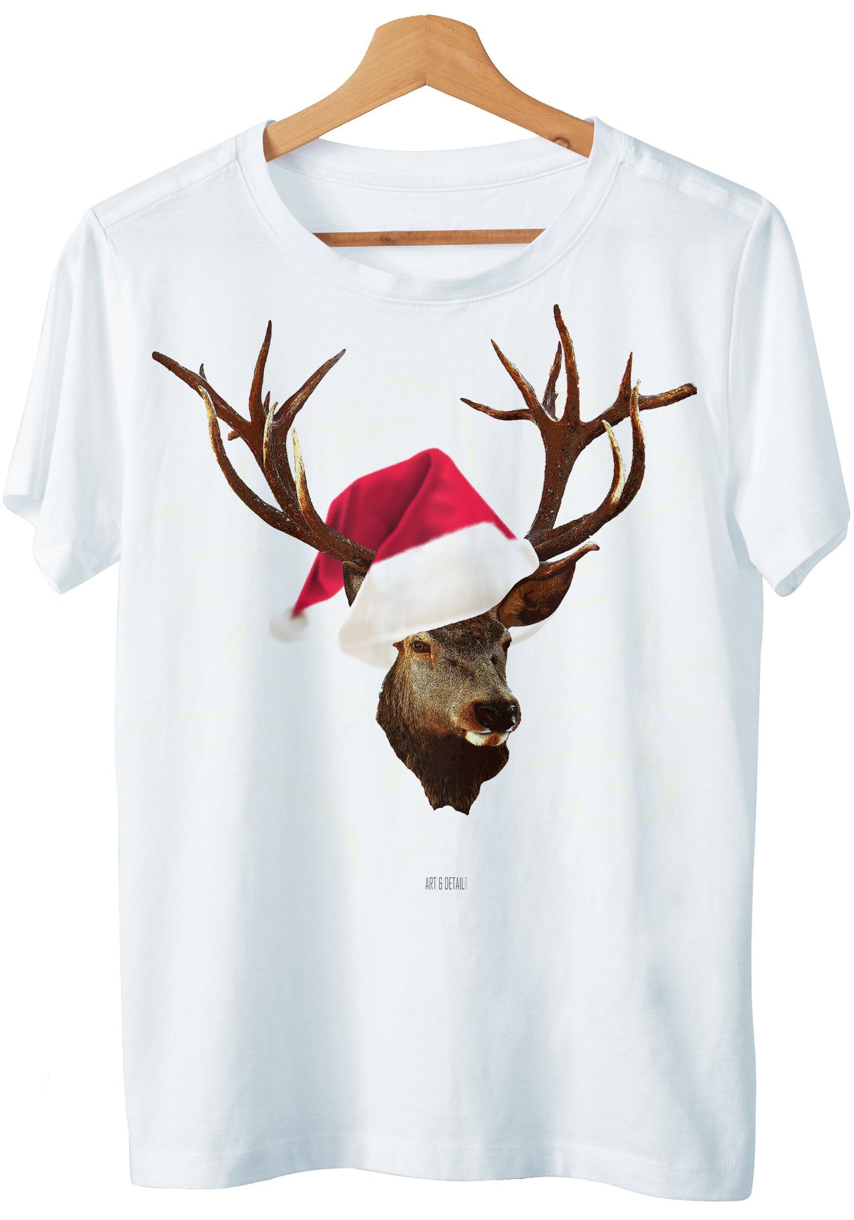 Art & Detail Shirt T-Shirt Weihnachten Design Hirsch mit Weihnachtsmütze Bio Baumwolle, Christmas Weiß