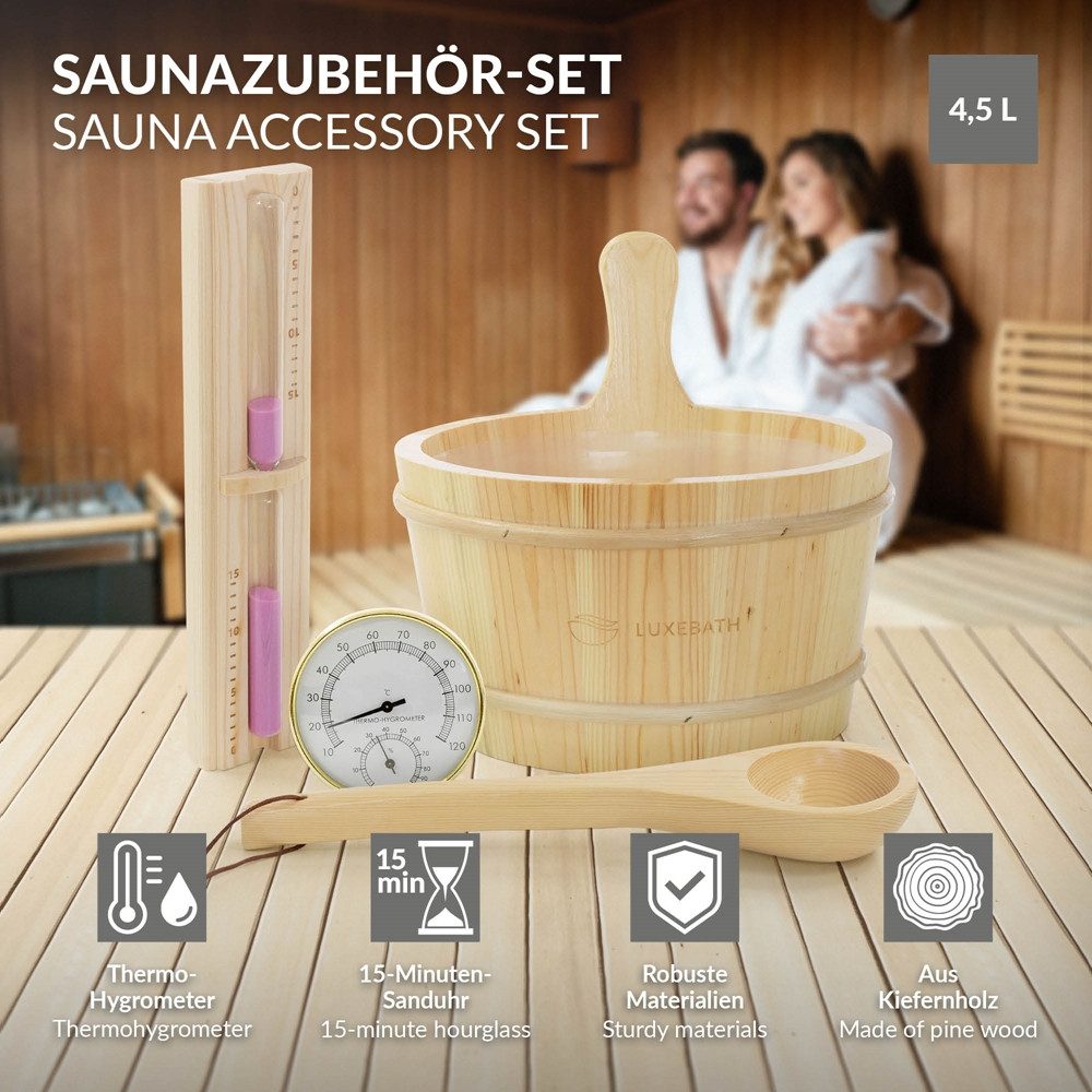 LuxeBath Sauna-Aufgussset 4-teilig Saunazubehör-Set aus massivem Kiefernholz, Sauna Set Zubehör Inkl. 4,5L Aufgusskübel, Kelle, Thermometer-Hygrometer, 15min. Sanduhr