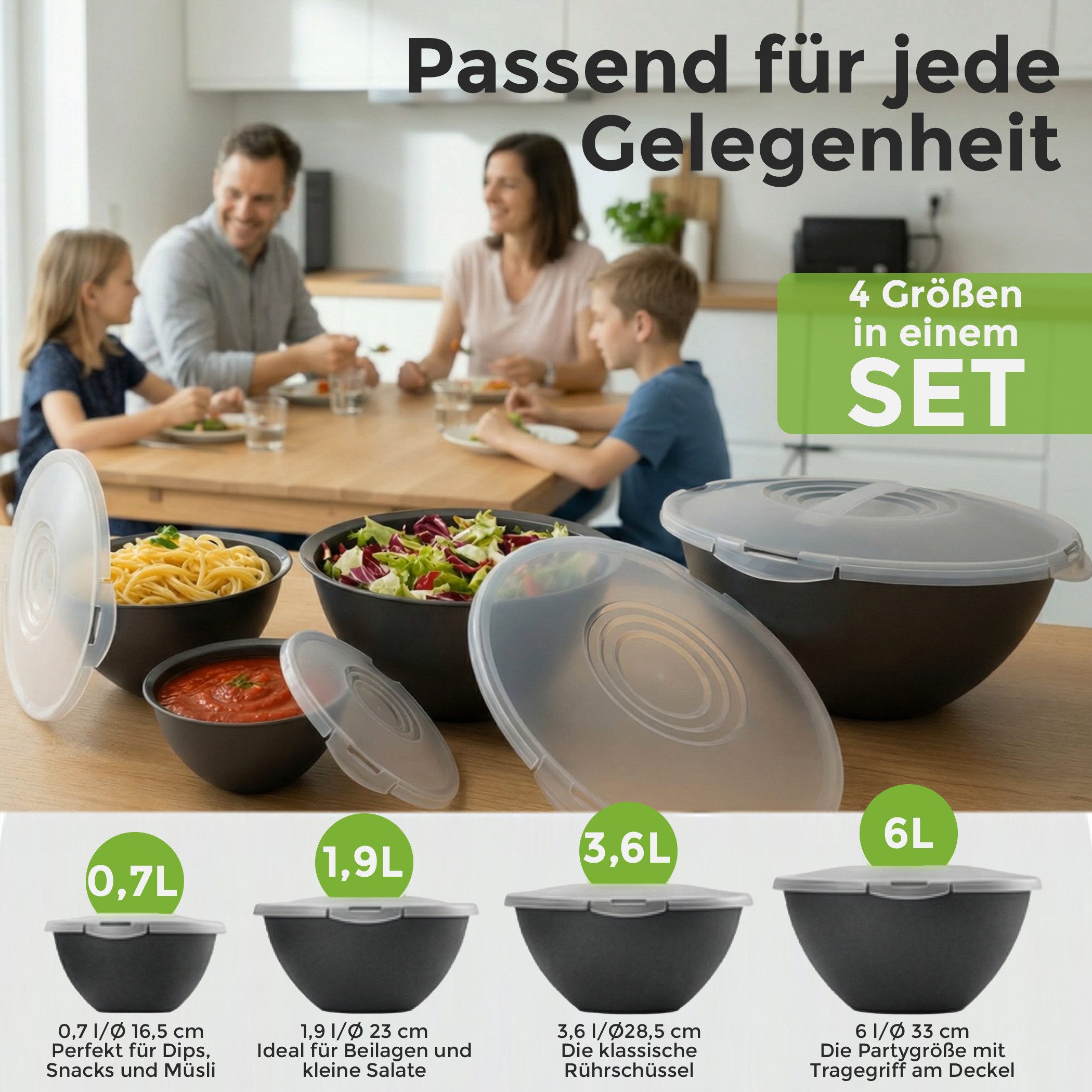 Hausfelder Salatschüssel Schüssel Set groß mit Deckel, 0,7-6 L Anthrazit Schwarz), Kunststoff, (8-tlg), Schüsseln 1x6 L, 1x3,6 L, 1x1,9 L, 1x0,7 L – Bild 2 von 5