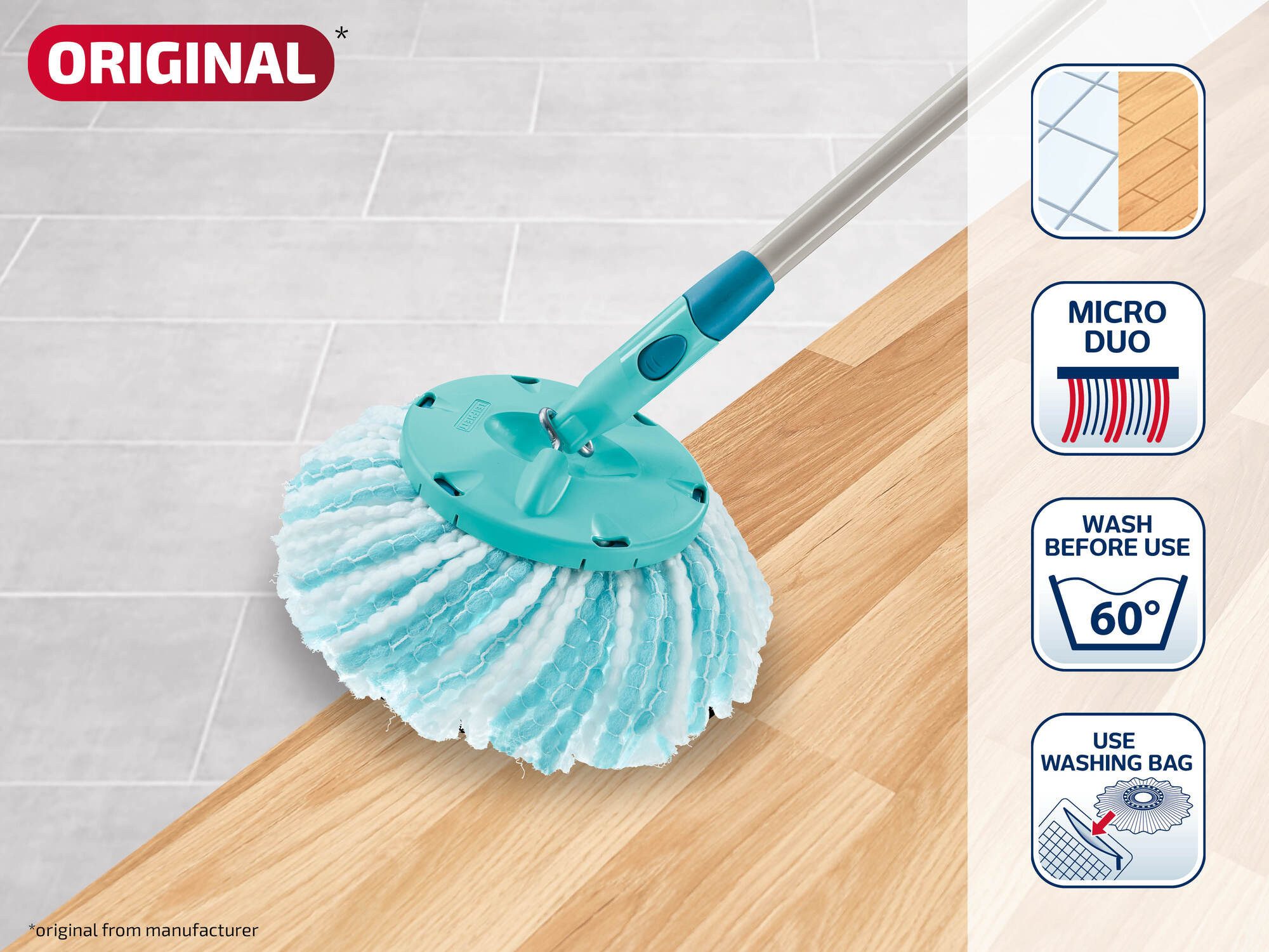 Leifheit 2er Set Ersatzkopf CLEAN TWIST Disc Mop micro duo Wischbezug (Mikrofaser,Kunststoff, 32.0x32.0 cm, 2-tlg., Waschbar bis 60°C, nimmt Schmutz gründlich auf, 2-Faser-System)