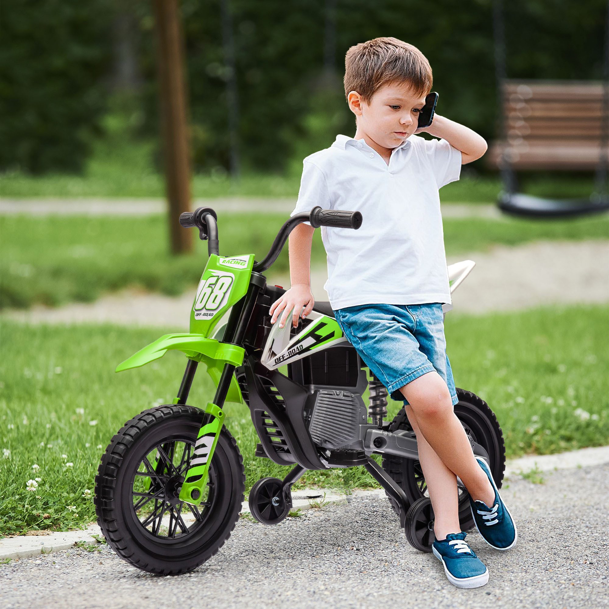 AIYAPLAY Elektro-Kindermotorrad 12V, mit Musik, abnehmbar Trainingsrädern, 2,4-5 km/h, Belastbarkeit 30 kg, (1-tlg), für 3-6 Jahre Kinder, max. 30 kg, Grün