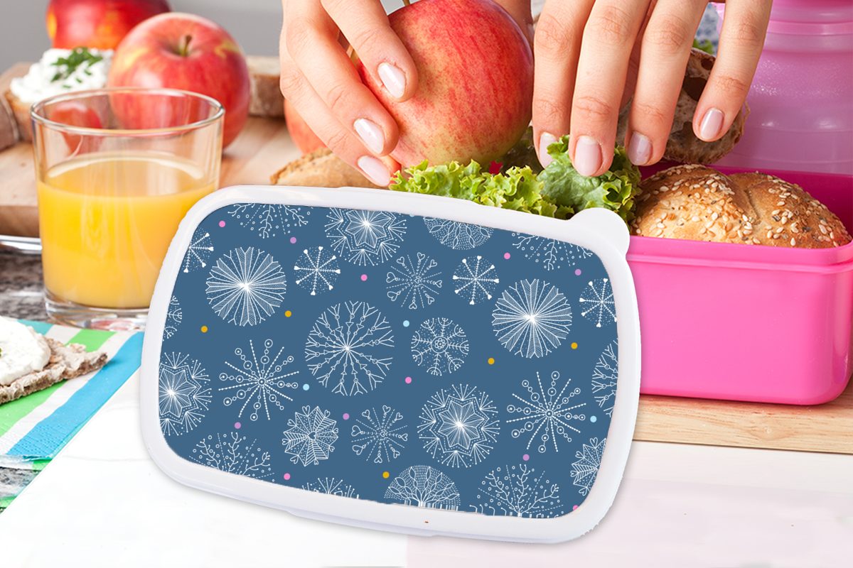 MuchoWow Lunchbox Schneeflocke - Muster Erwachsene, - Kunststoff Mädchen, Kunststoff, Winter, Brotbox Brotdose rosa (2-tlg), Snackbox, für Kinder