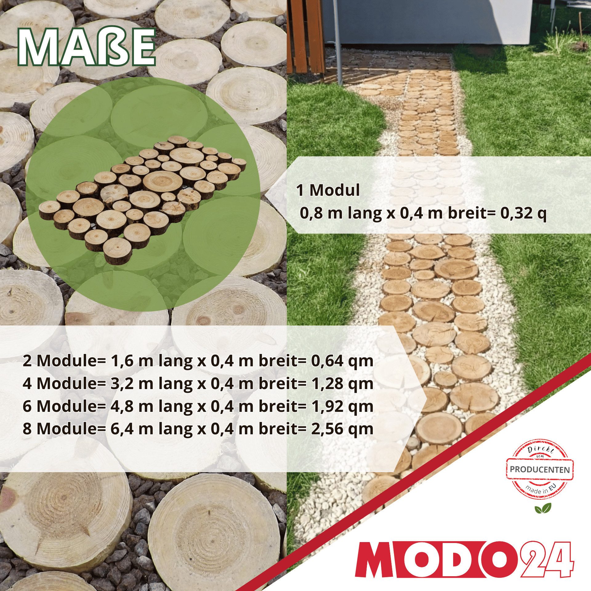 Modo24 Gartensteg Gartenweg aus Holz, Gehweg Holzweg Trittplatten Holzscheiben-Weg, 1-St., Gartenplatten Bodenplatten Holzpfad Gartenweg Nachhaltig FSC Holz