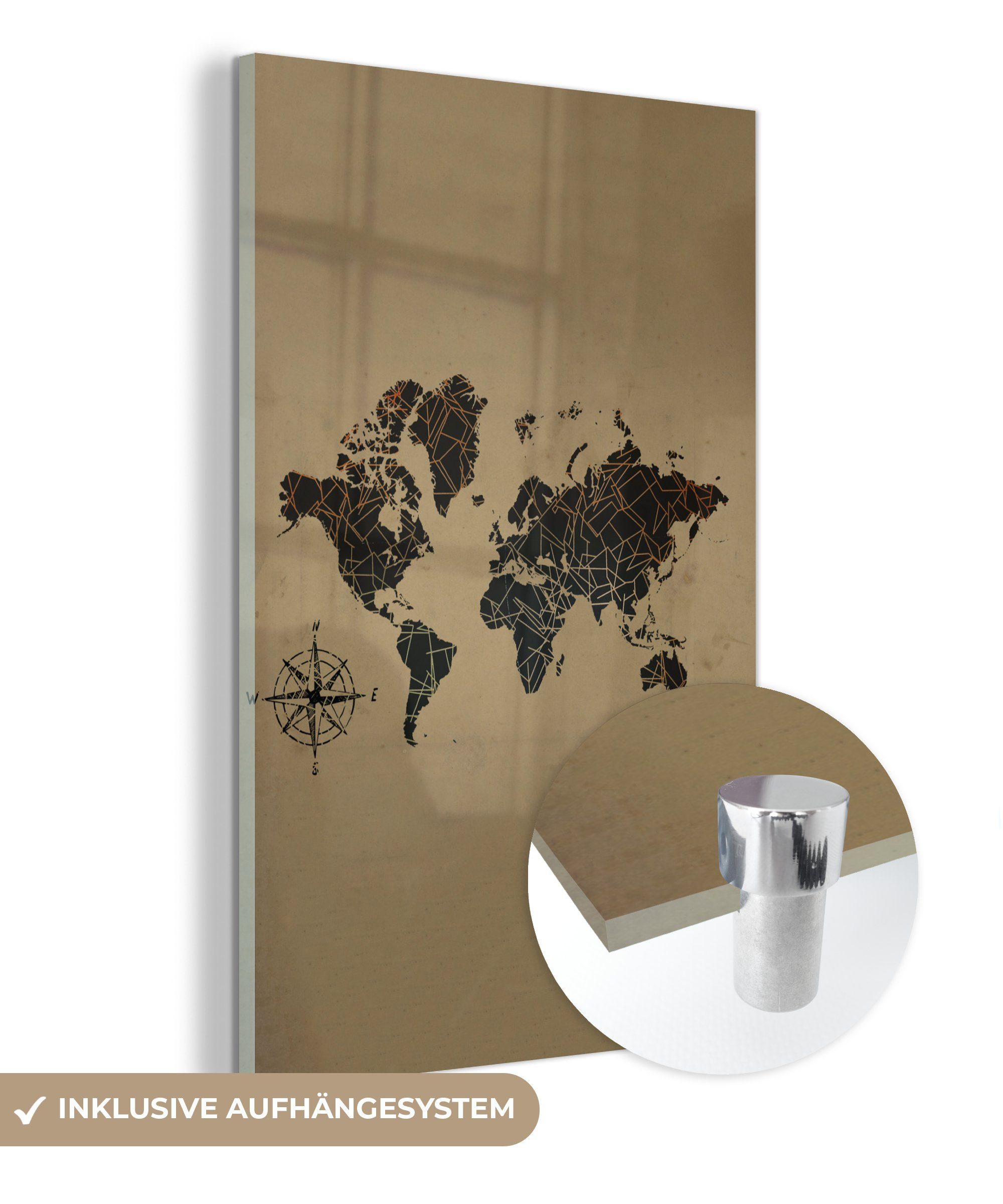 MuchoWow Acrylglasbild Weltkarte - Schwarz Glas auf Wanddekoration - Windrose, Wandbild Glas St), Bilder (1 auf - Foto - - Glasbilder