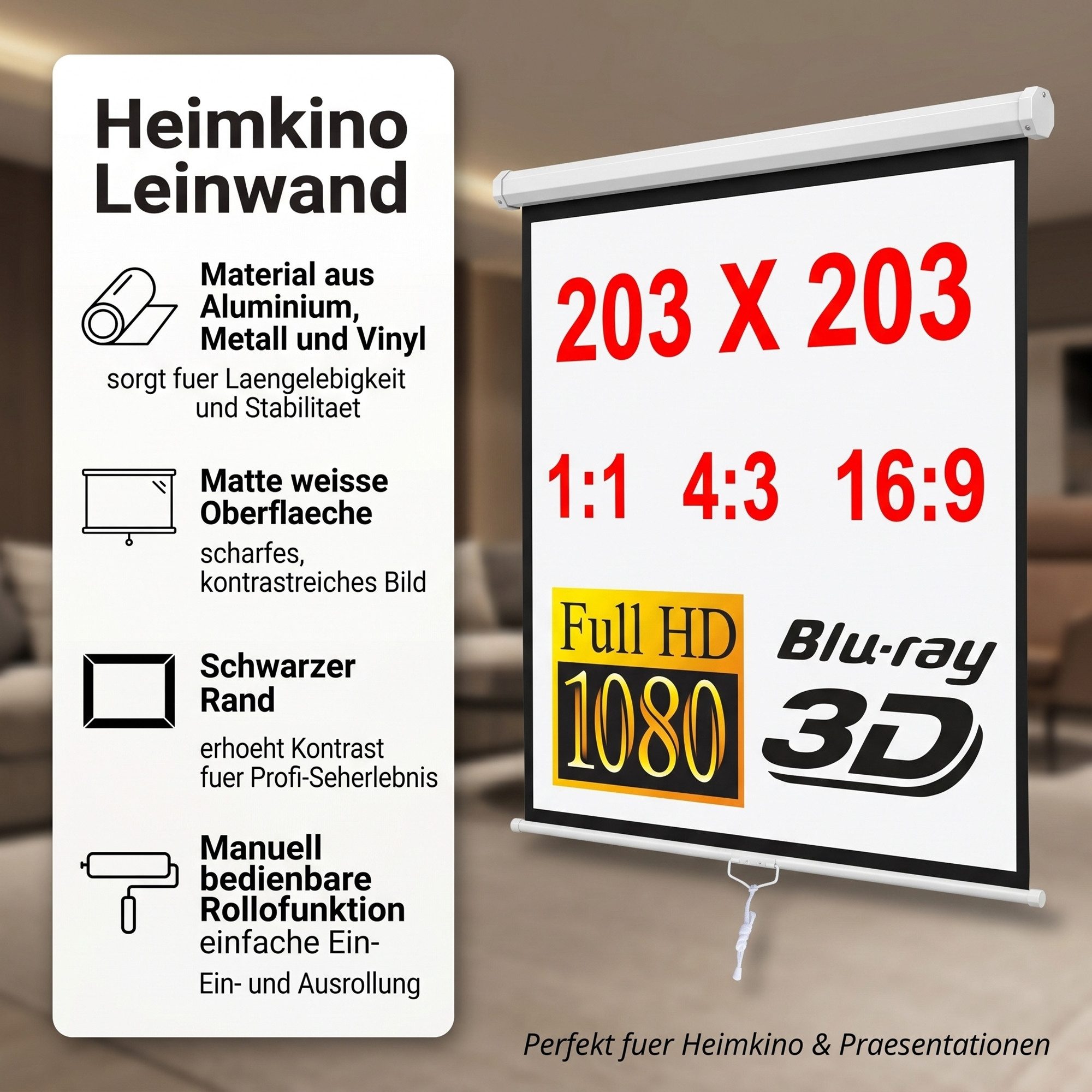 Mucola 110" Projektionsleinwand 203CM Beamerleinwand Rolloleinwand Heimkino Motorleinwand (3-Schicht Gewebetuch)