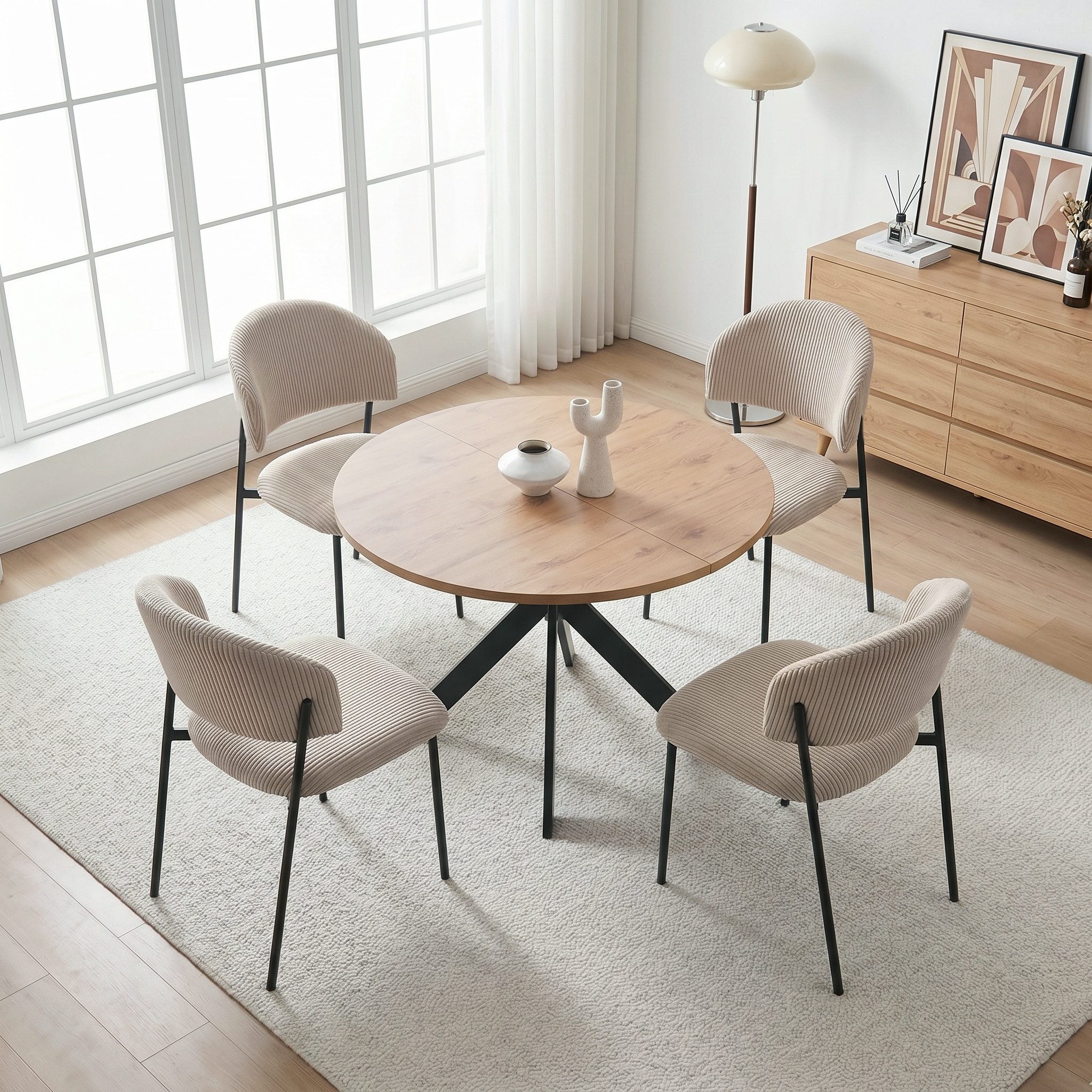 Jiexi Essgruppe Runder Esstisch 110cm MDF Set mit 4 Cord Stühlen Kreuzgestell – Bild 2 von 5
