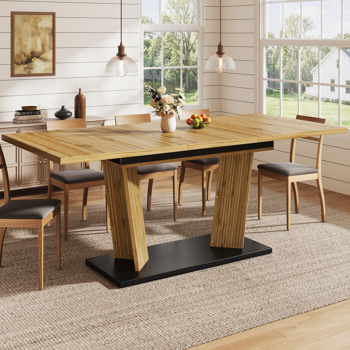 Odikalo Esstisch Küchentisch Wohnzimmertisch mit Verstellbaren Anti-Rutsch-Füßen (Ausziehbarer Esstisch Modern, Massivholz Optik Tisch, Stabiler Sockel, Flexibler Esszimmertisch für Kleine Räume und Küche)