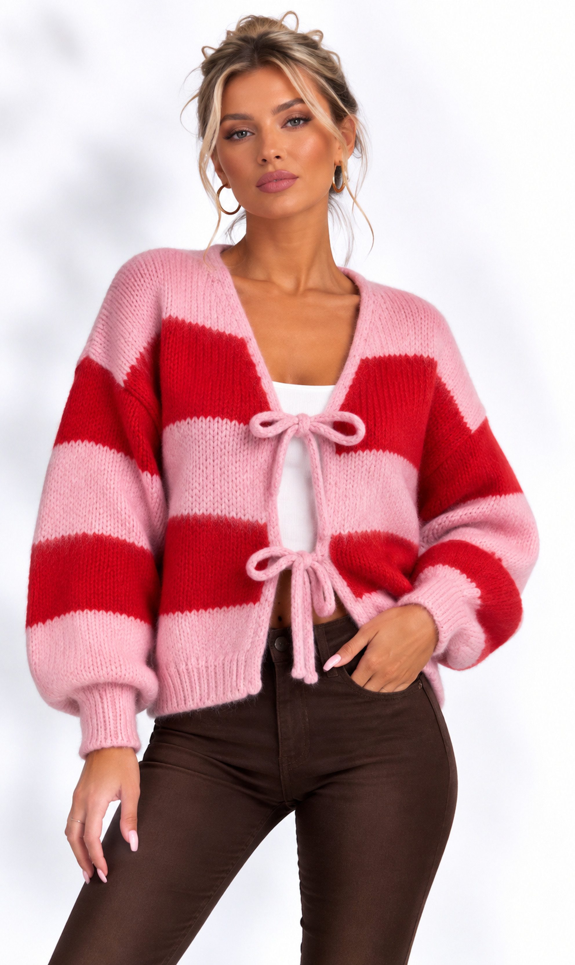 Worldclassca Cardigan WORLDCLASSCA Damen Cardigan Oversize Strickjacke mit Schleife Streifen Neue Kollektion - Stilvolle und gemütliche Strickmode für Damen