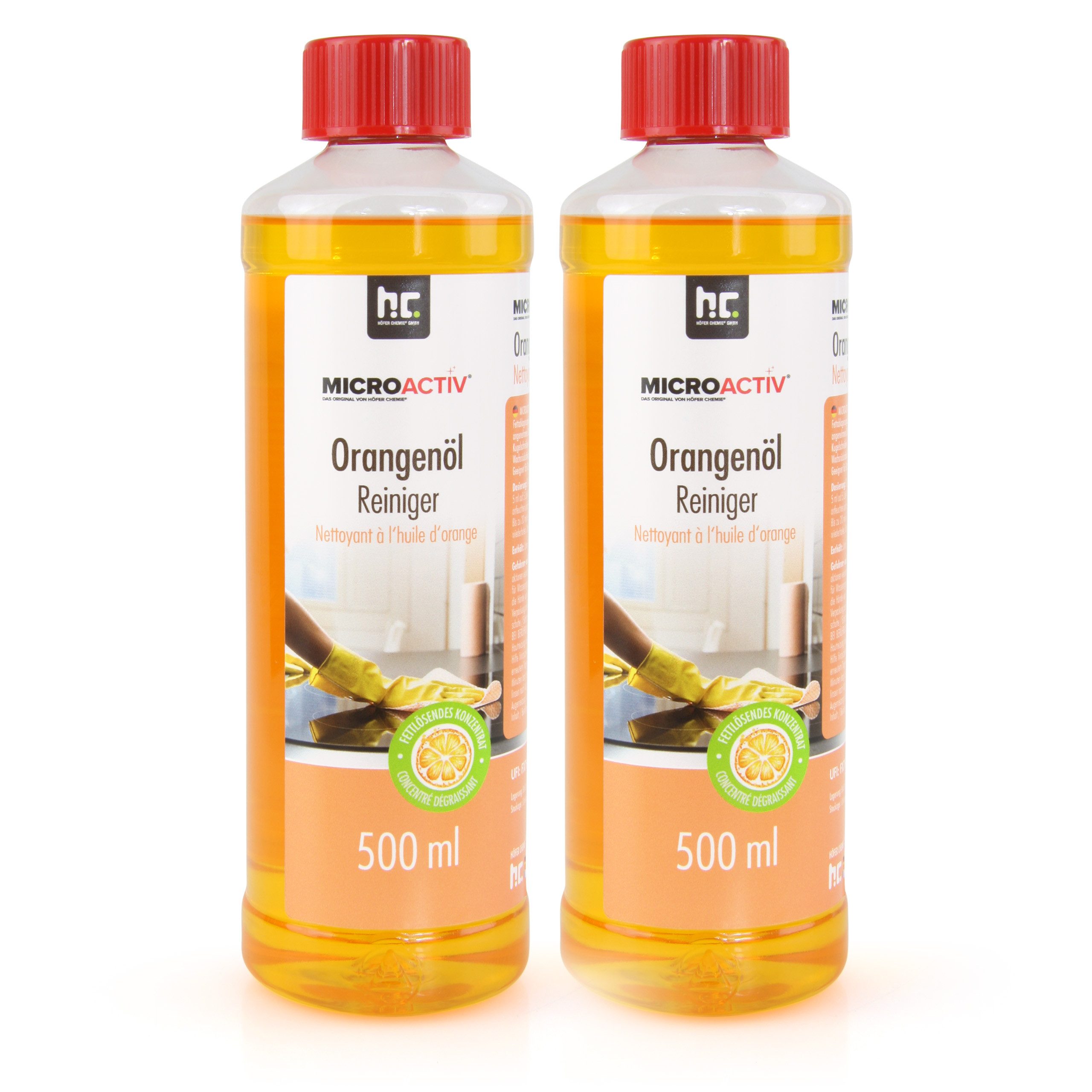 Höfer Chemie GmbH 2x 500 ml Microactiv® Orangenöl Reiniger Konzentrat Grundreiniger (Kraftvoller Allzweckreiniger mit frischem Duft)
