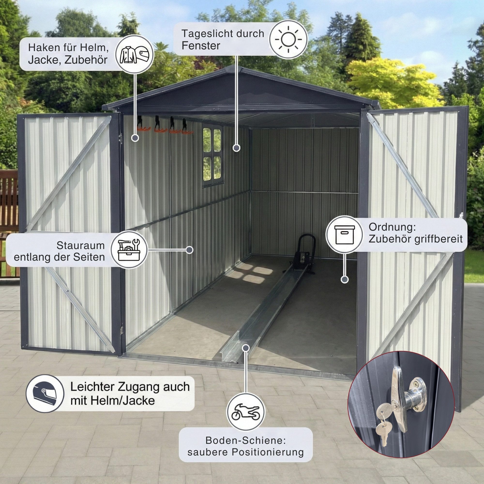 Albatros International Gerätehaus Premium Motorradgarage wetterfest Motorrad Bike Garage, abschließbar, BxT: 169x296 cm, (169x296x191cm), verzinktes Metall in Anthrazit (RAL 7016) Motorrad Unterstellplatz