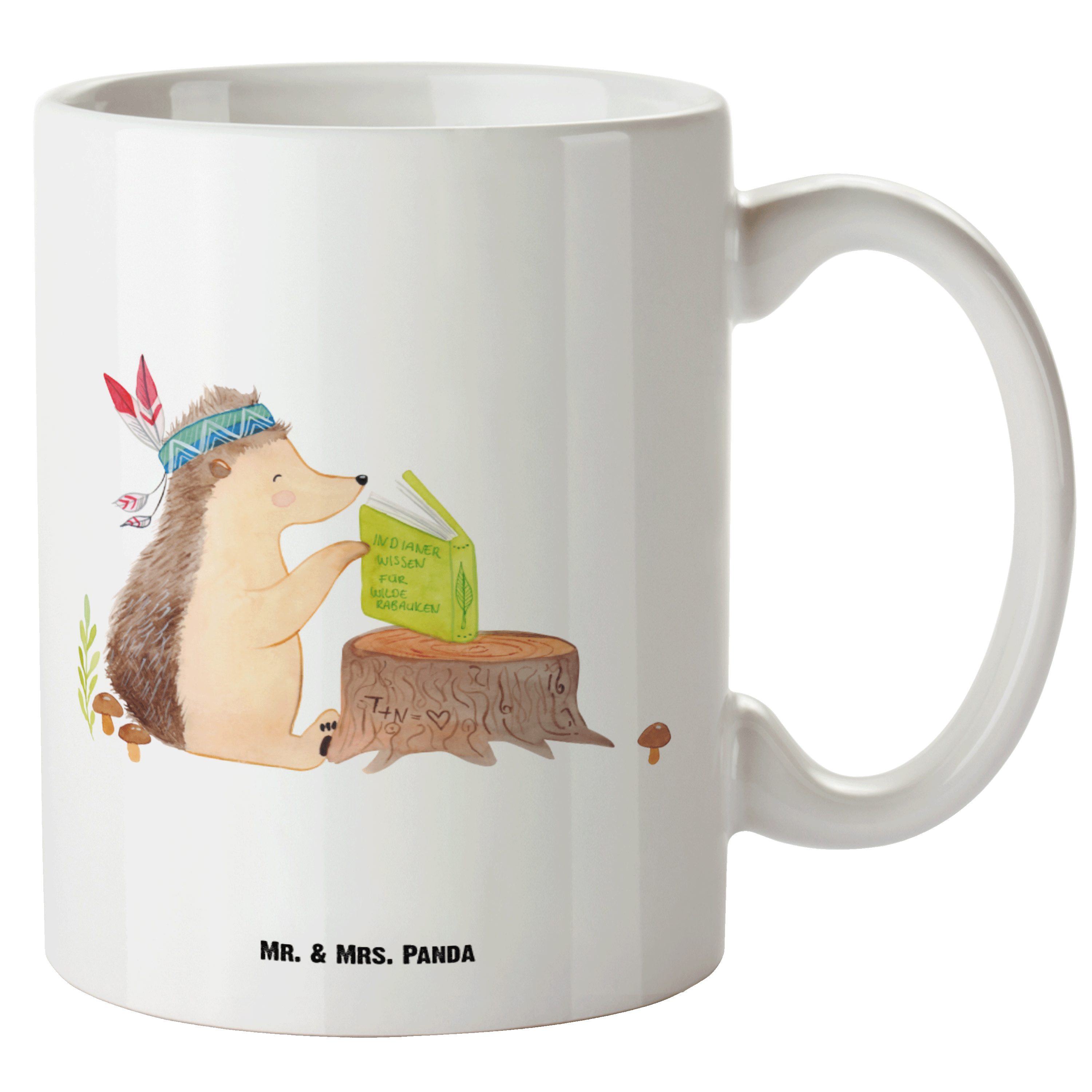 Mr. & Mrs. Panda Tasse Igel mit Federkopfschmuck - Weiß - Geschenk, Tiere, Waldtiere, Groß, XL Tasse Keramik