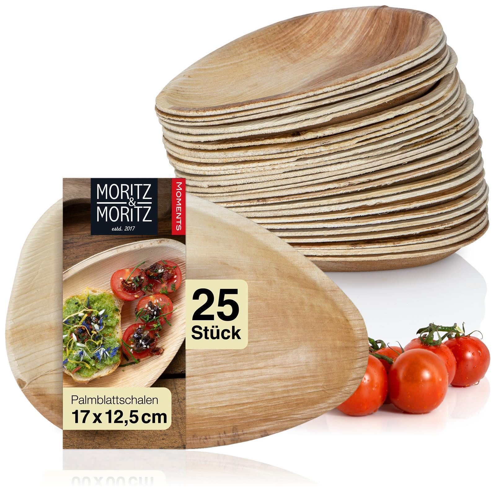 Moritz & Moritz Einweggeschirr-Set 25tlg Palmblatt Schale Oval (25-tlg), 25 Personen, Palmblatt, Birkenholz, Nachhaltiges Einweggeschirr - 25 Teller Einweg - oval 17 x 12,5 cm