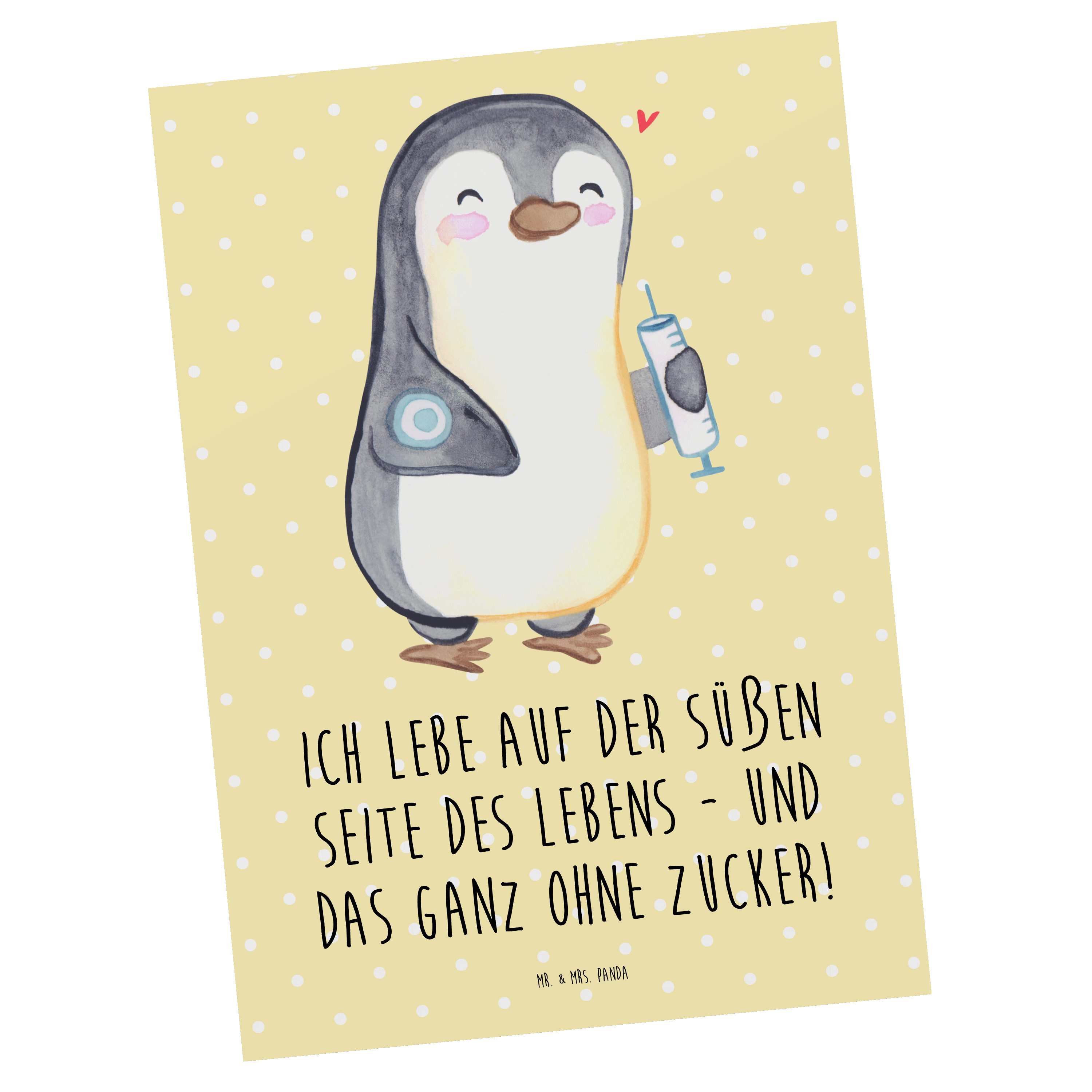 Mr. & Mrs. Panda Postkarte Pinguin Diabetes - Gelb Pastell - Geschenk, Postkarte, Diabetes Melli, Hochglänzend veredelt